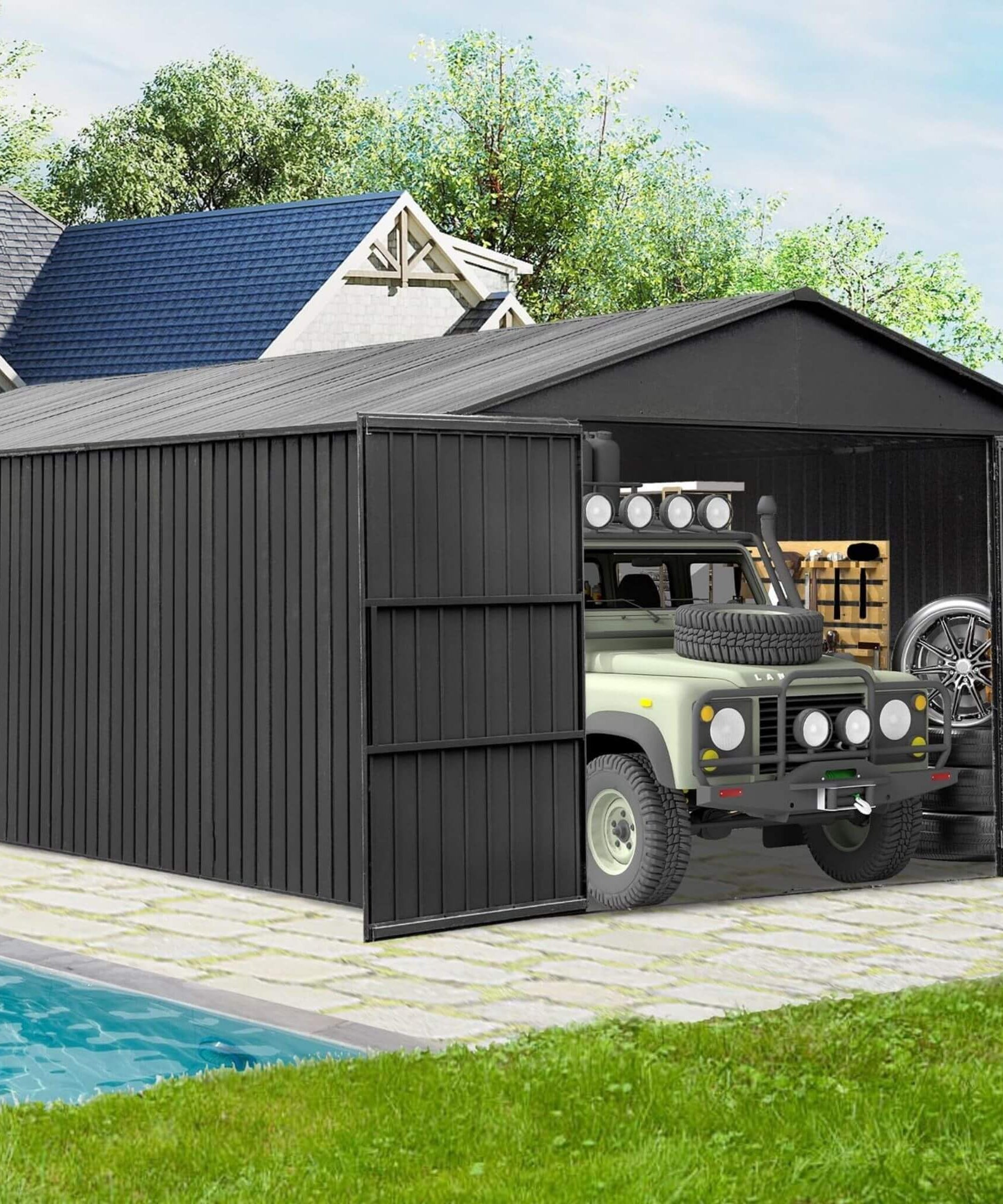 [12X25FT] Alora Extra Large Heavy-Duty Outdoor Metal Carport Garage Shed With Lockable Double Hinged Doors (SAK34153)