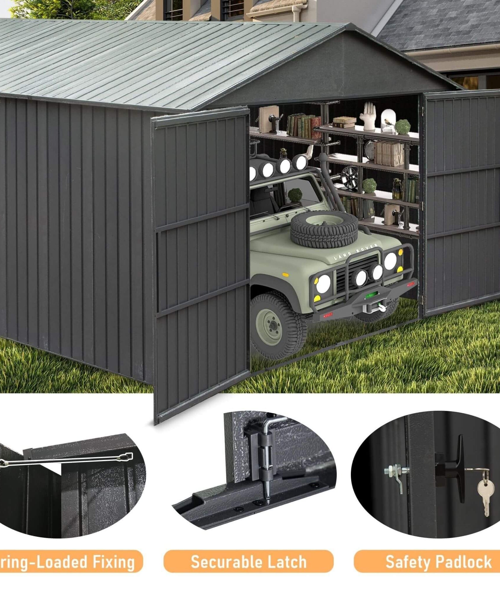 [12X25FT] Alora Extra Large Heavy-Duty Outdoor Metal Carport Garage Shed With Lockable Double Hinged Doors (SAK34153)