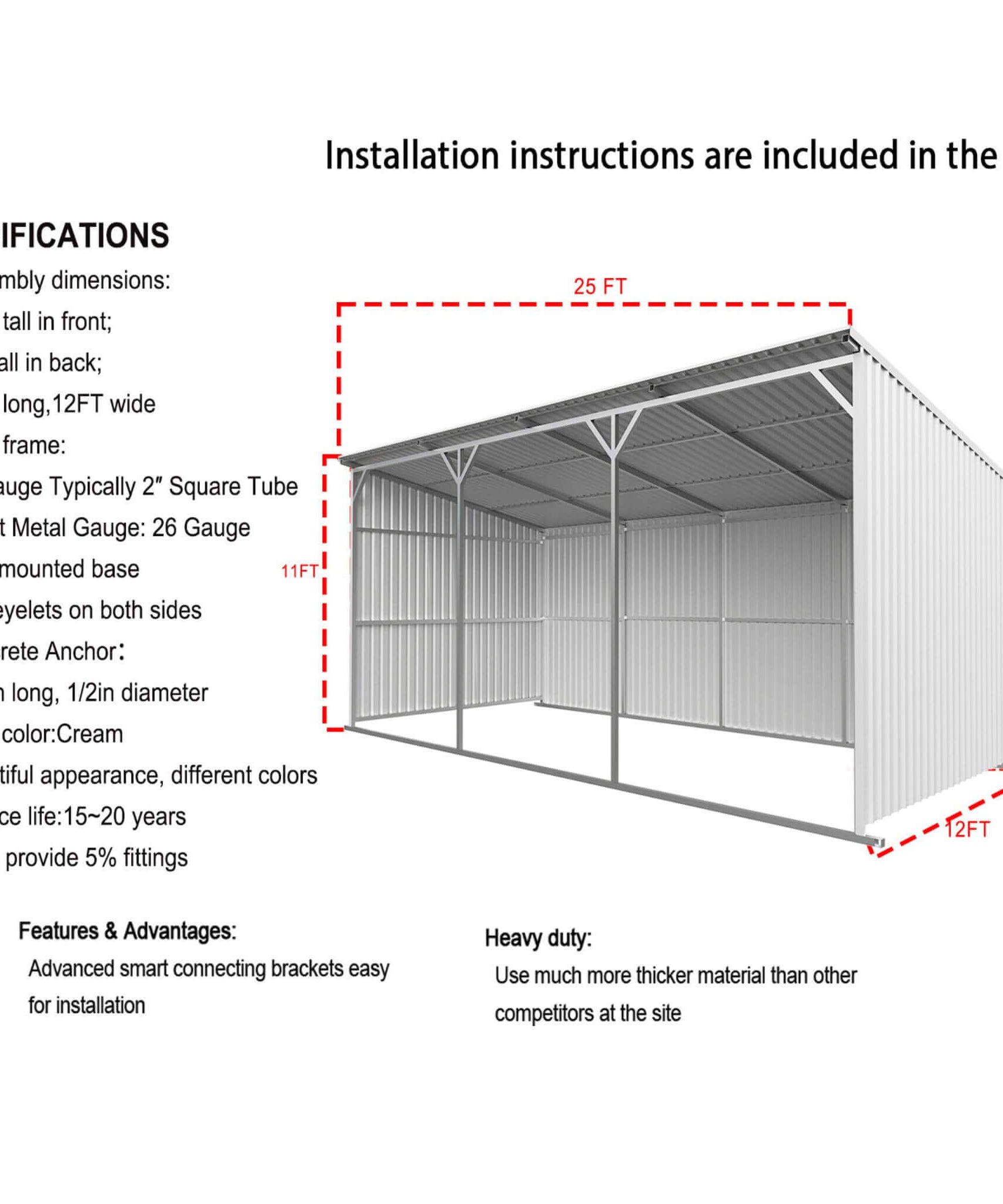 [12X25FT] Alora Heavy-Duty Galvanized steel Storage Equipment Shed (SAK20471)
