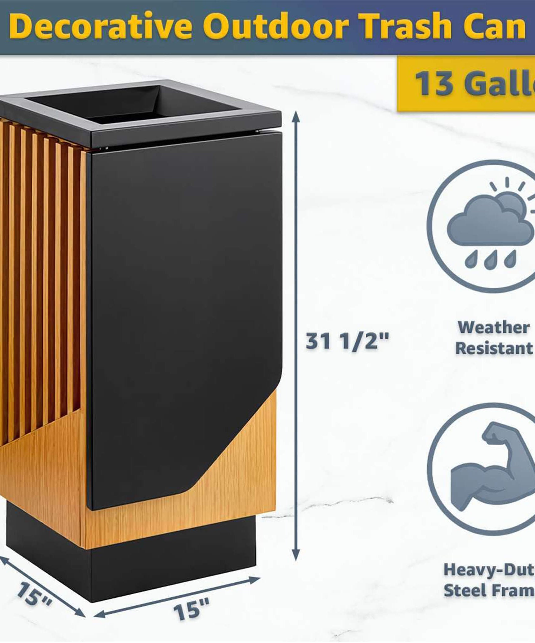 13-Gallon Heavy-Duty Commercial Outdoor Square Decorative Trash Can (SAK30467)