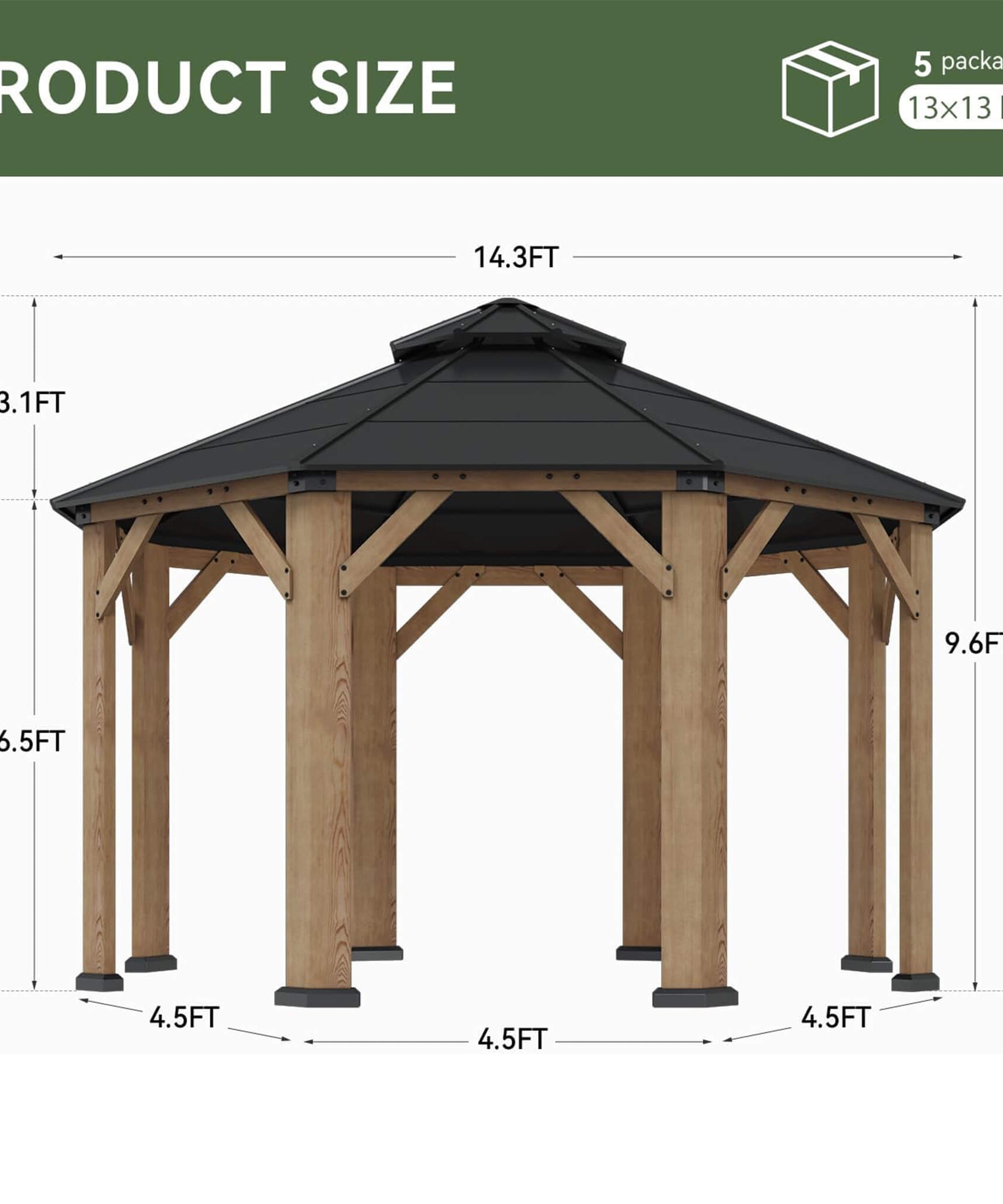 [13X13FT] Alora Cedar Wood Galvanized Steel Octagonal Hardtop Double Roof Gazebo (SAK17468)