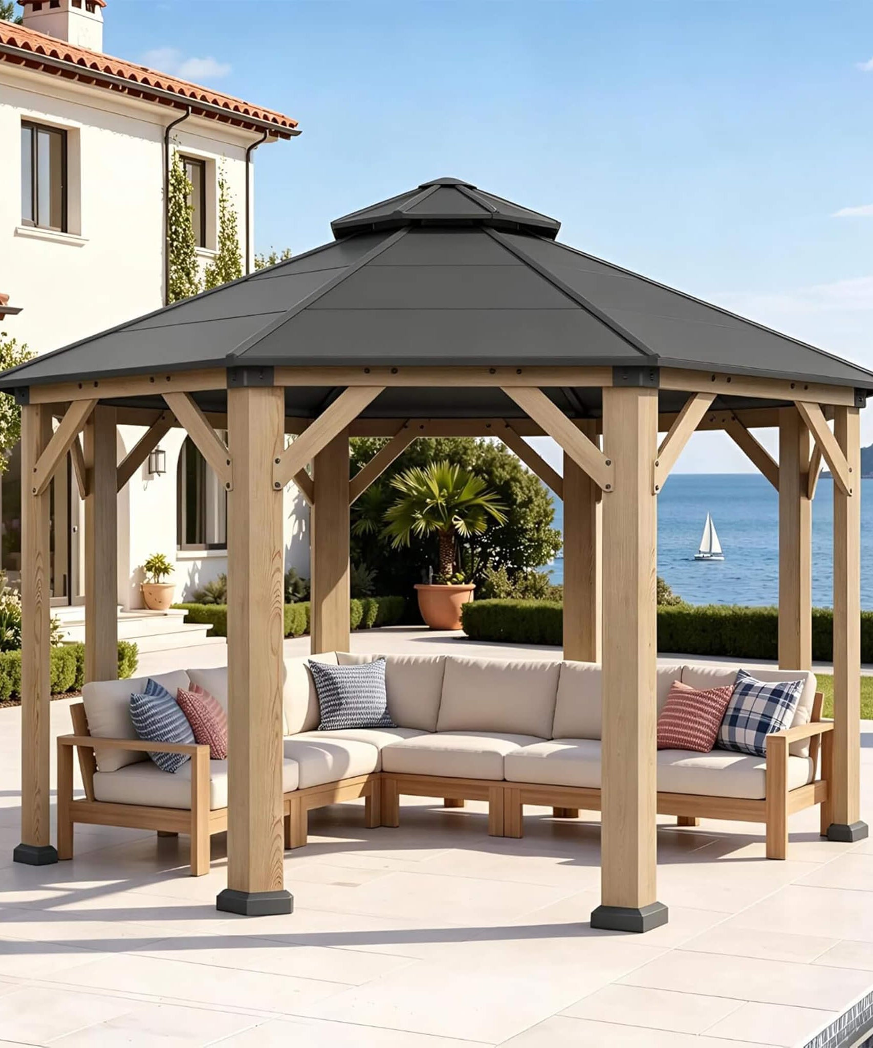 [13X13FT] Alora Cedar Wood Galvanized Steel Octagonal Hardtop Double Roof Gazebo (SAK17468)