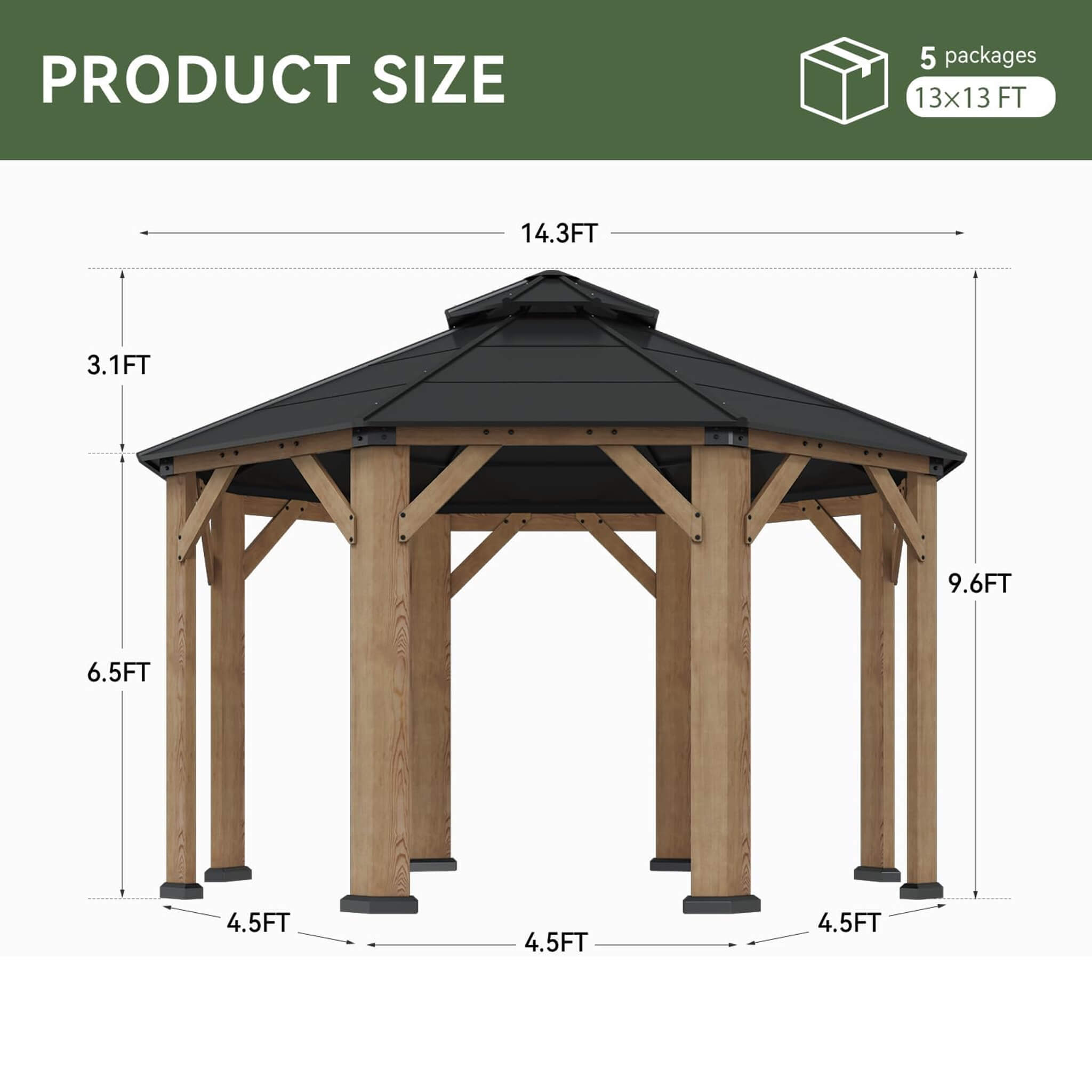 [13X13FT] Alora Premium All-Weather Octagonal Double Hardtop Cedar Wood Gazebo (SAK42795)