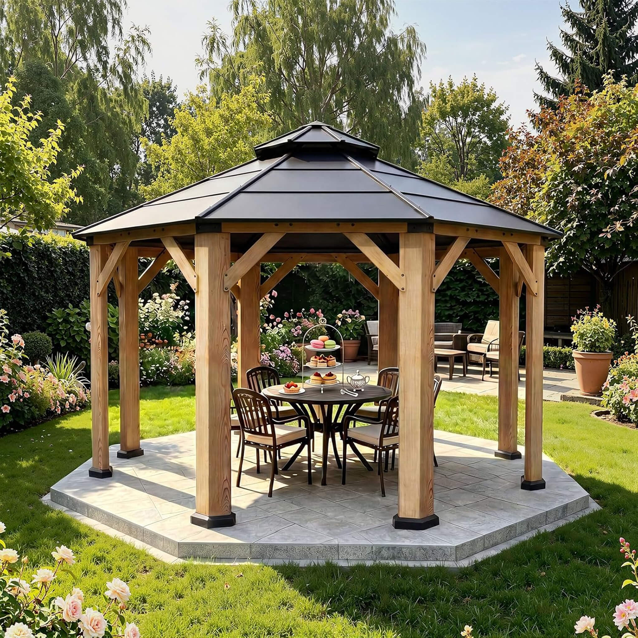 [13X13FT] Alora Premium All-Weather Octagonal Double Hardtop Cedar Wood Gazebo (SAK42795)