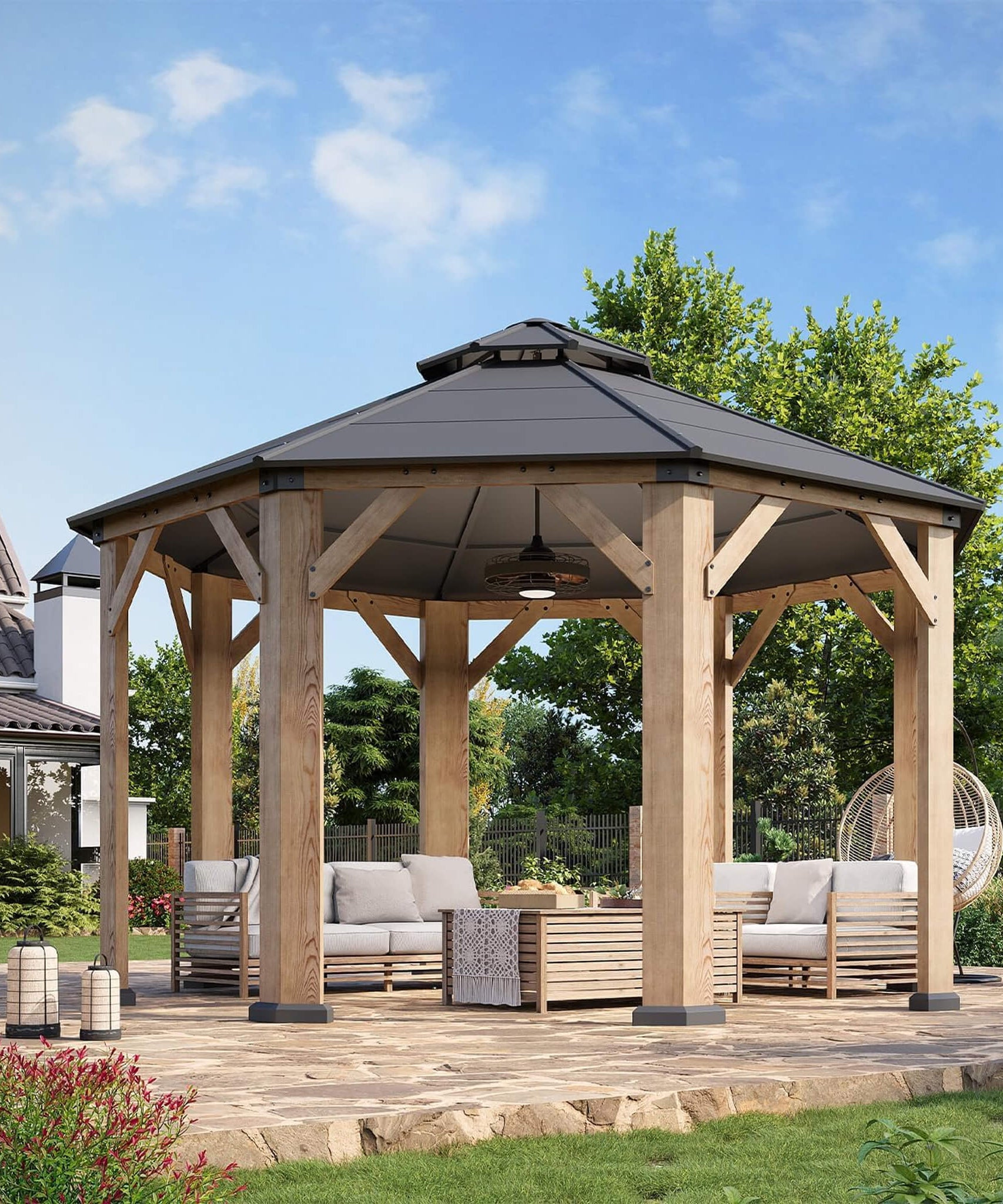[13X13FT] Alora Premium All-Weather Octagonal Double Hardtop Cedar Wood Gazebo (SAK42795)