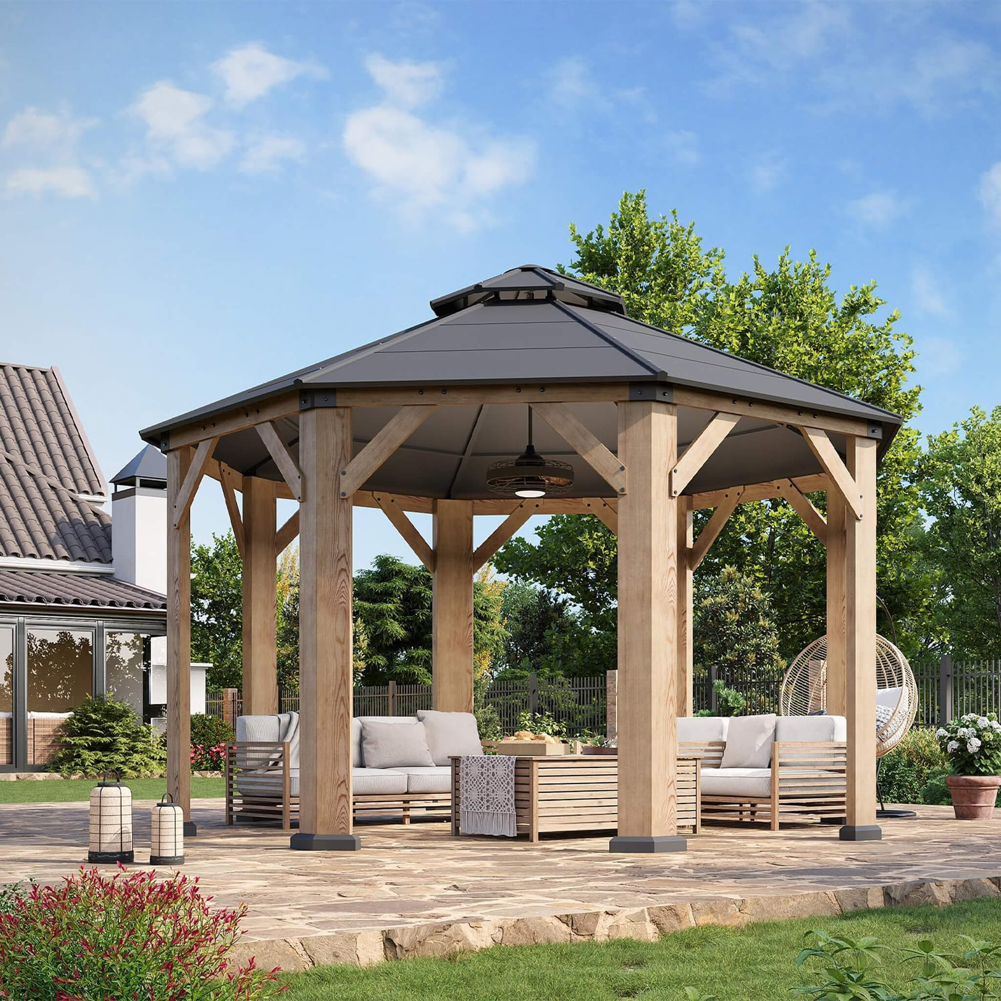 [13X13FT] Alora Premium All-Weather Octagonal Double Hardtop Cedar Wood Gazebo (SAK42795)