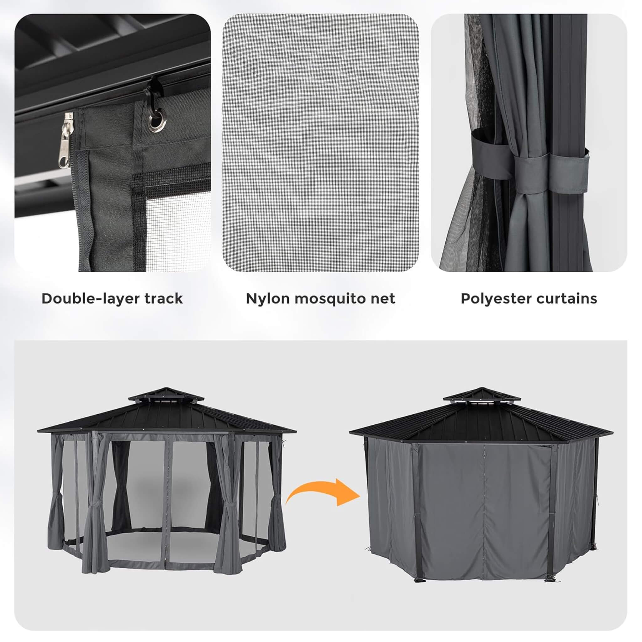 [13X15FT] Alora Hardtop Hexagonal Gazebo With Curtains And Netting [No Furniture] (SAK60713)