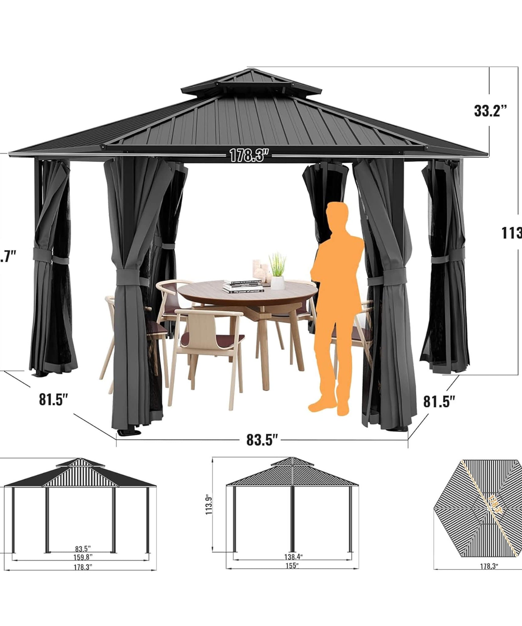 [13X15FT] Alora Hardtop Hexagonal Gazebo With Curtains And Netting [No Furniture] (SAK60713)