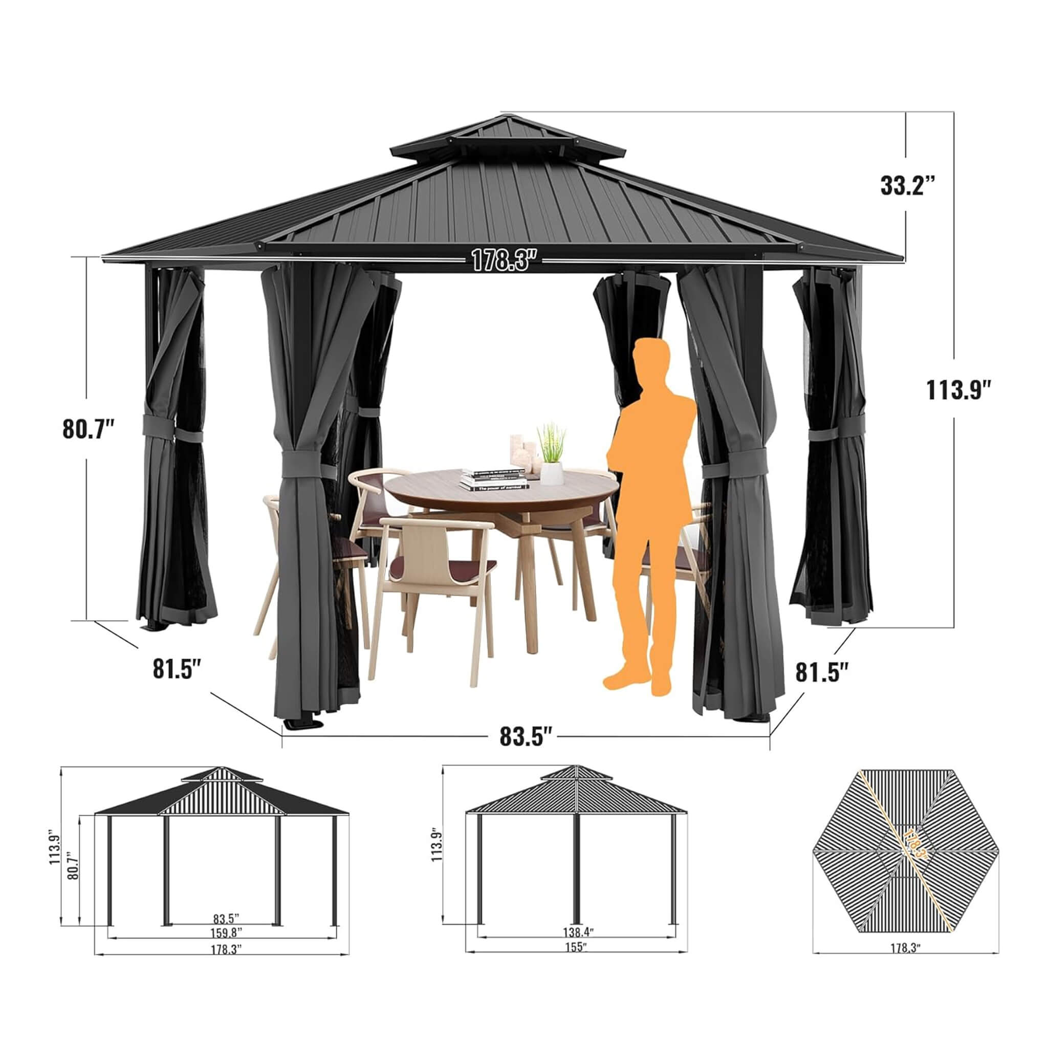 [13X15FT] Alora Hardtop Hexagonal Gazebo With Curtains And Netting [No Furniture] (SAK60713)