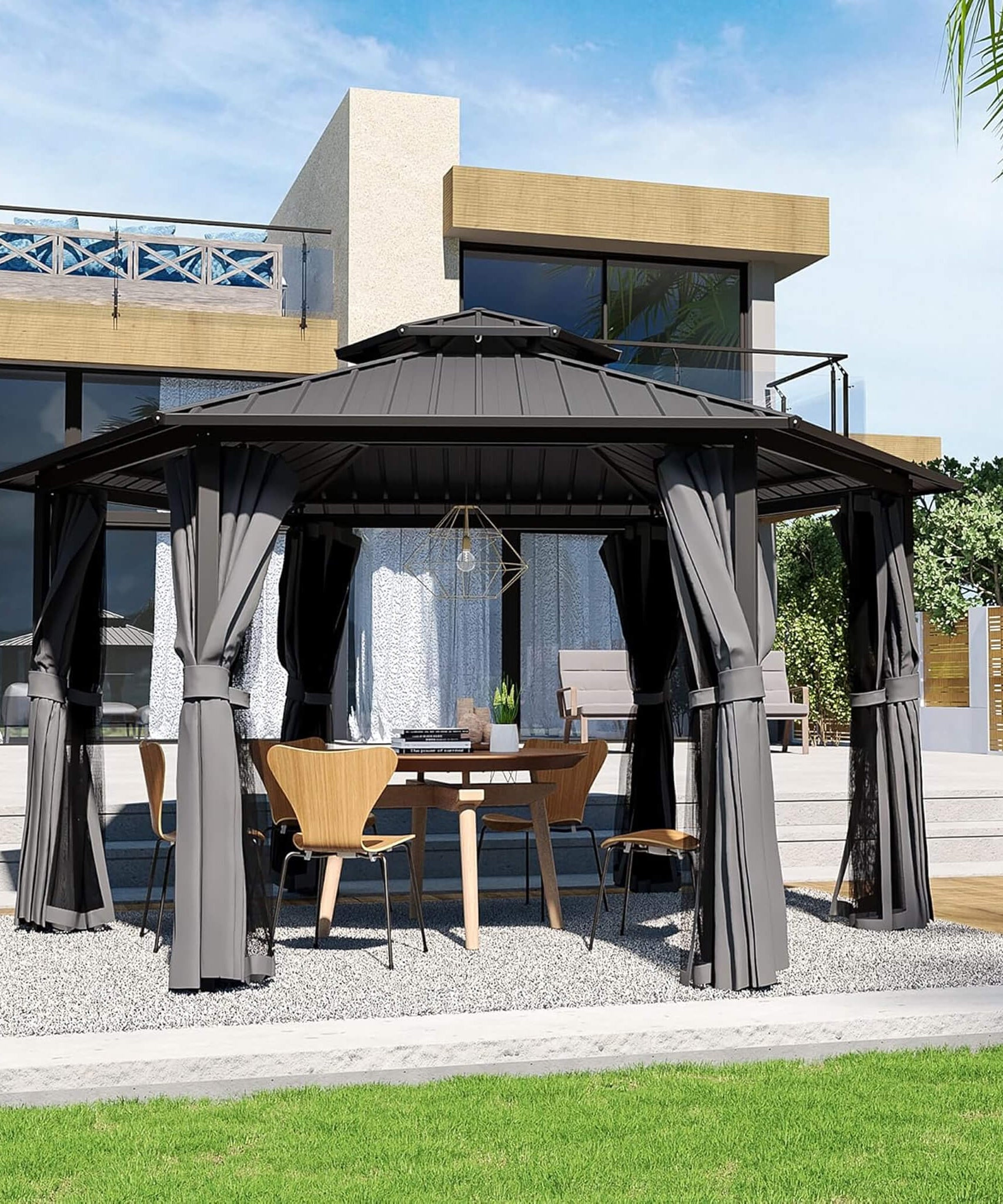 [13X15FT] Alora Hardtop Hexagonal Gazebo With Curtains And Netting [No Furniture] (SAK60713)