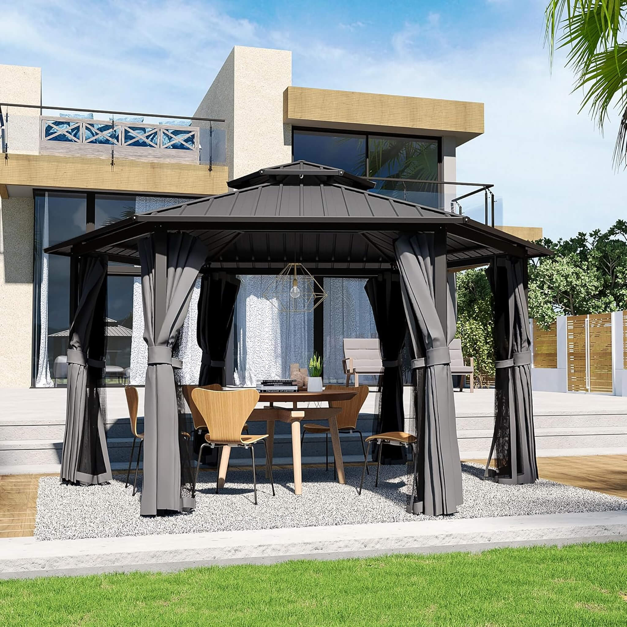 [13X15FT] Alora Hardtop Hexagonal Gazebo With Curtains And Netting [No Furniture] (SAK60713)