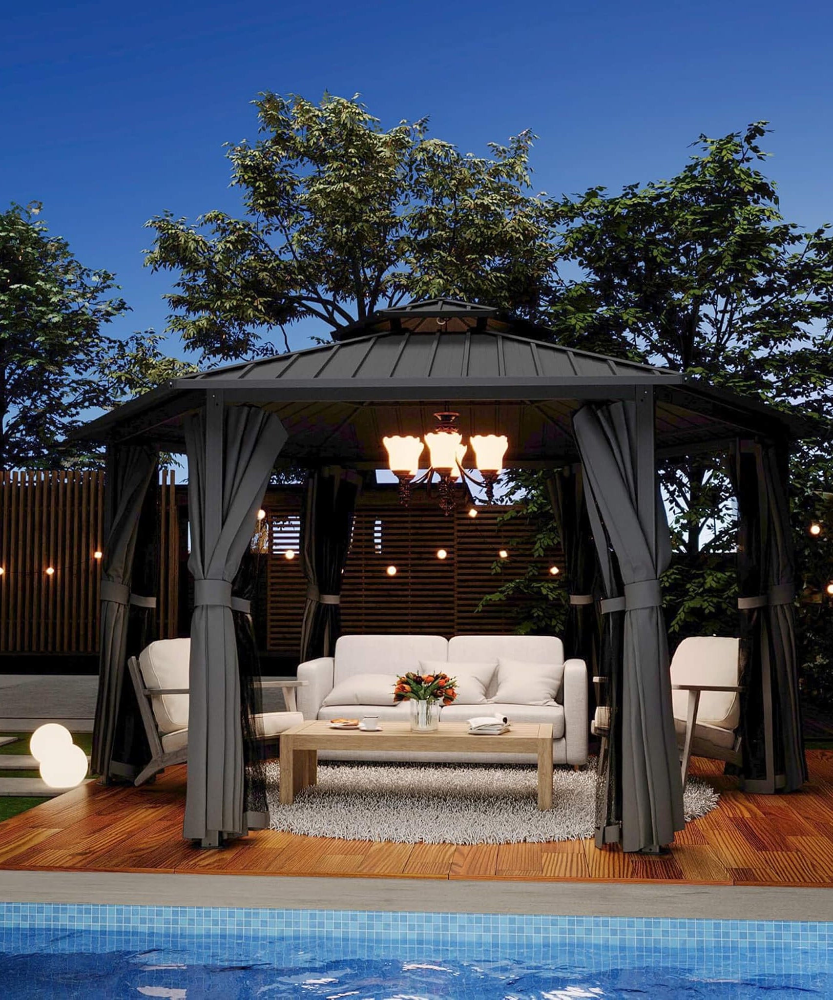 [13X15FT] Alora Hardtop Hexagonal Gazebo With Curtains And Netting [No Furniture] (SAK60713)