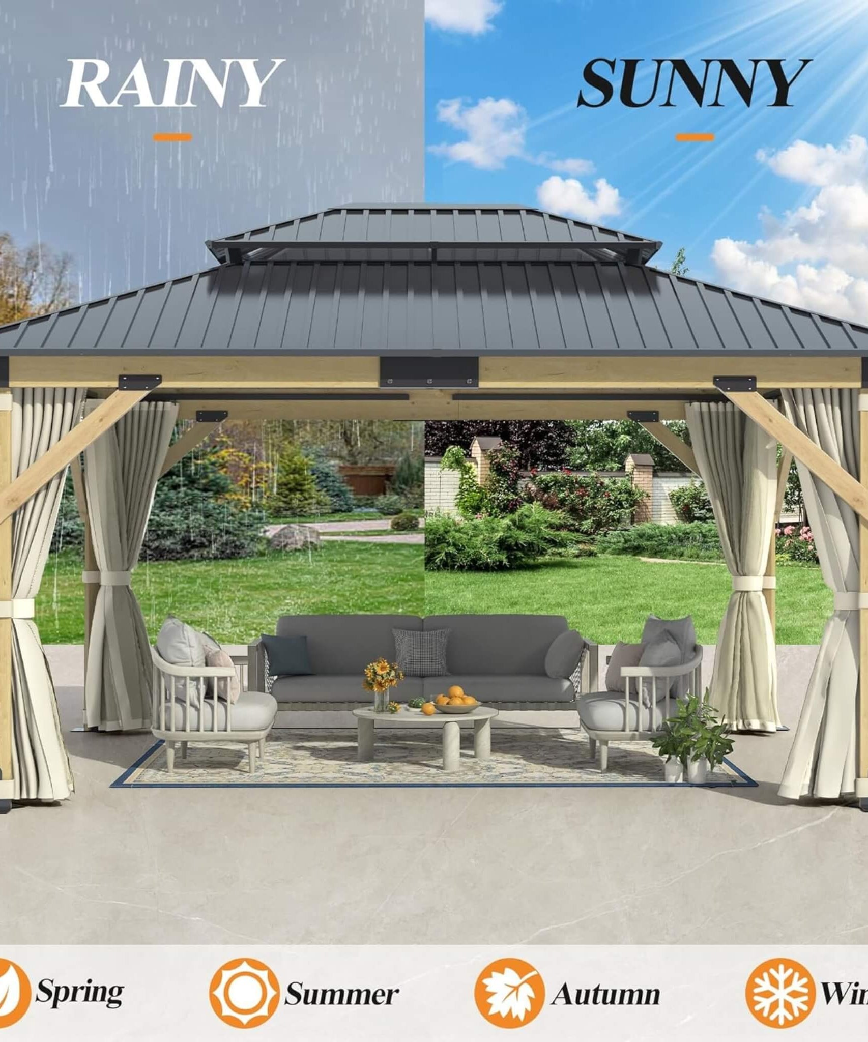 [13X15FT] Alora Outdoor Wooden Double-Top Gazebo With Curtains (SAK60781)