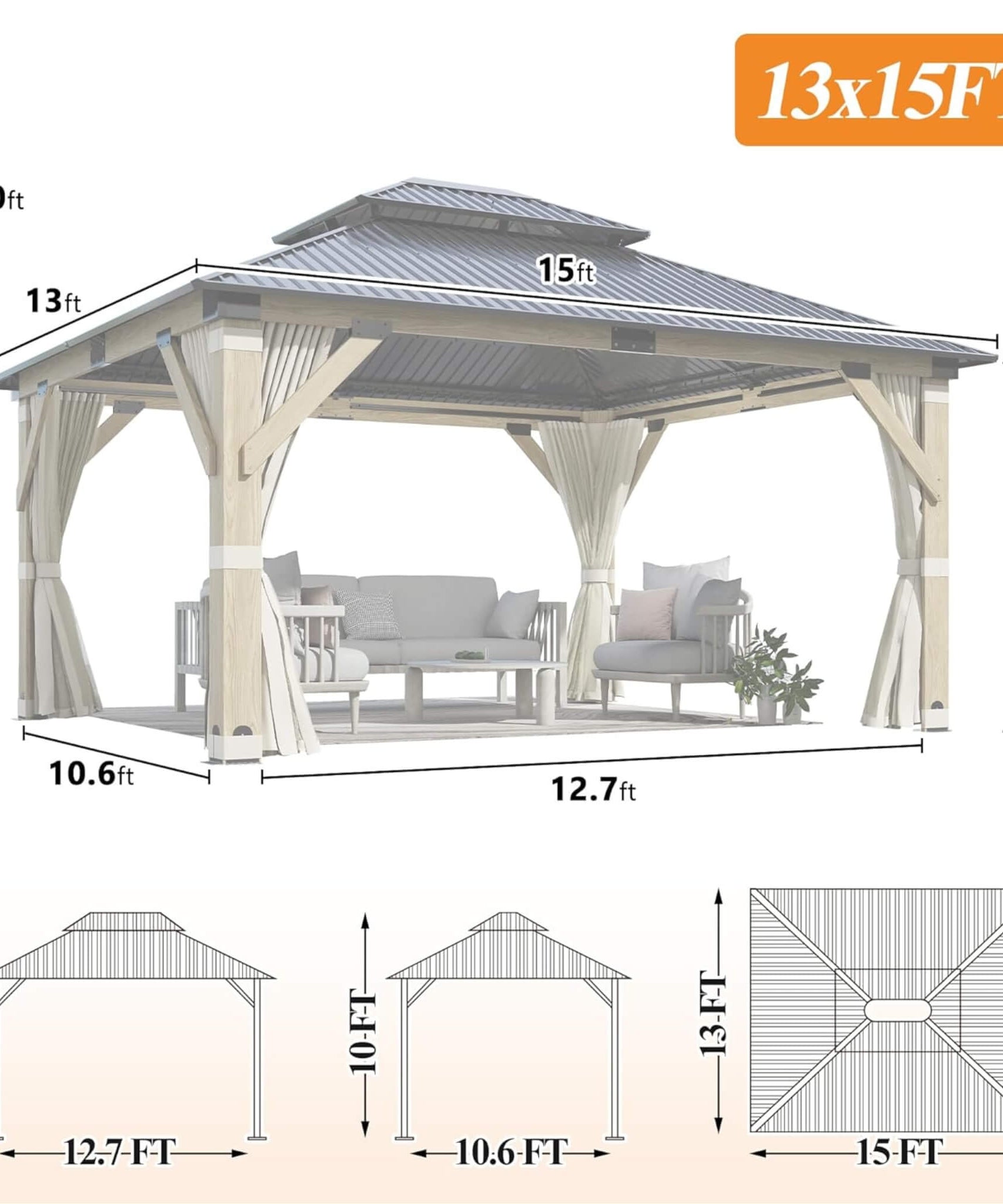 [13X15FT] Alora Outdoor Wooden Double-Top Gazebo With Curtains (SAK60781)