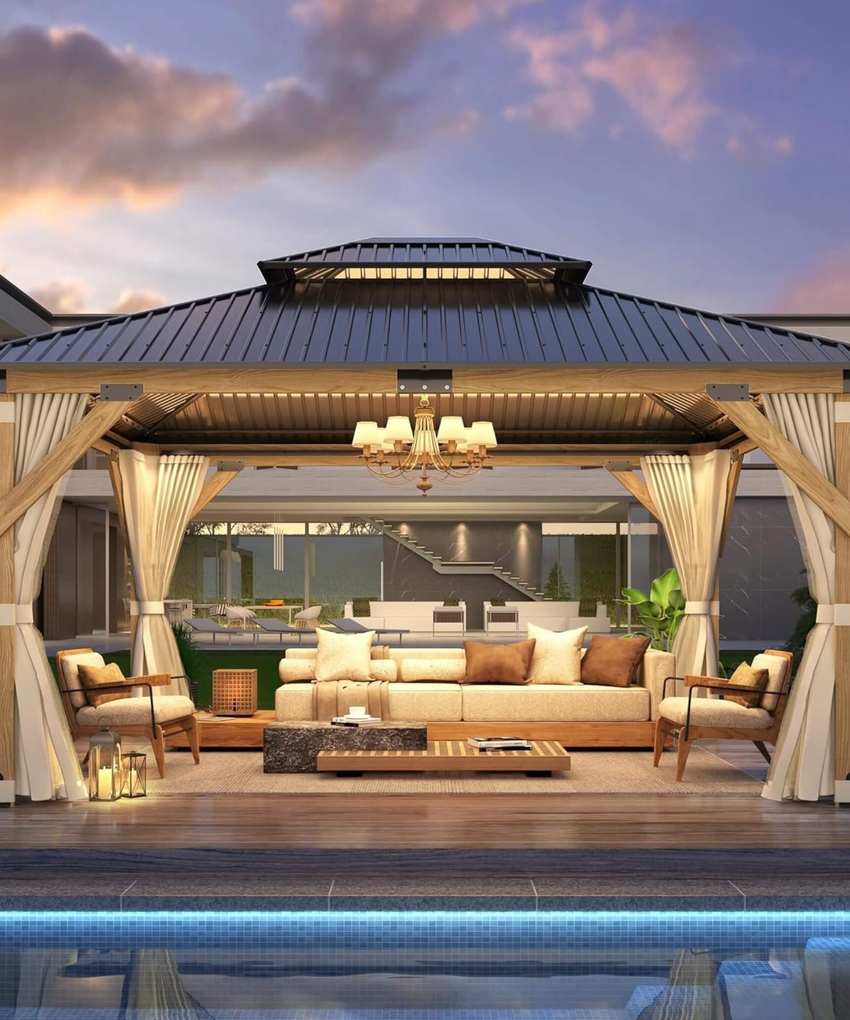 [13X15FT] Alora Outdoor Wooden Double-Top Gazebo With Curtains (SAK60781)