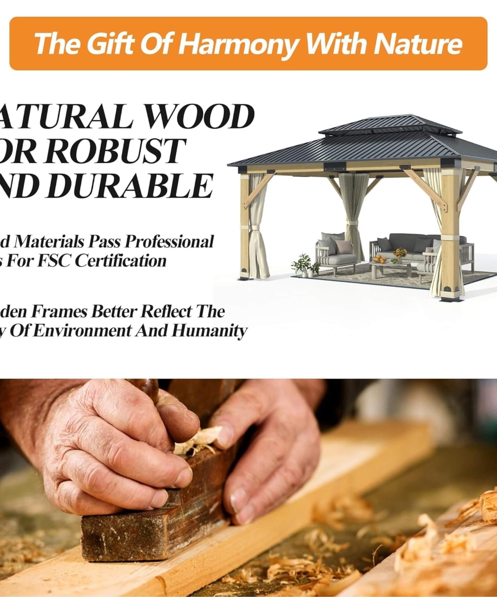 [13X15FT] Alora Outdoor Wooden Double-Top Gazebo With Curtains (SAK60781)