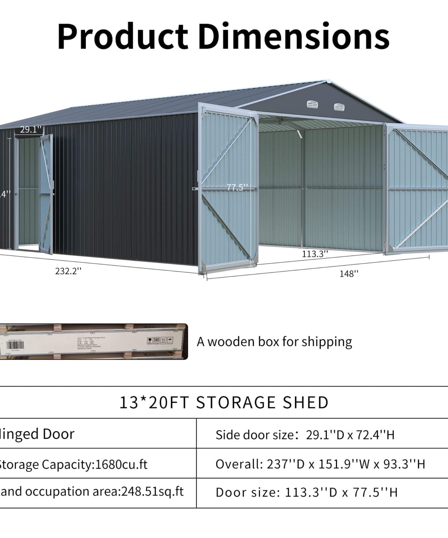 [13x20FT] Alora Large Heavy-Duty Outdoor Metal Storage Shed With Double Doors (SAK65331)
