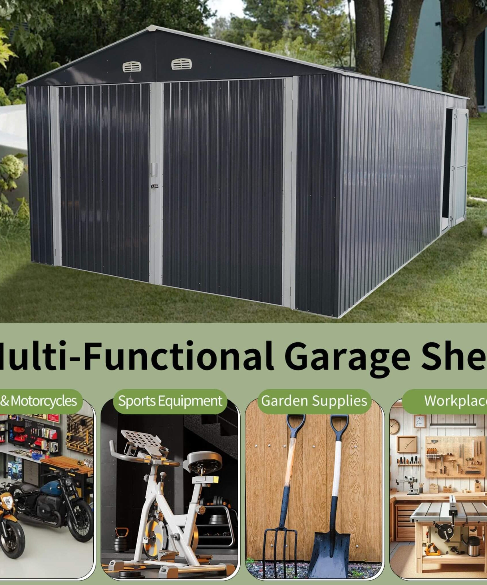 [13x20FT] Alora Large Heavy-Duty Outdoor Metal Storage Shed With Double Doors (SAK65331)
