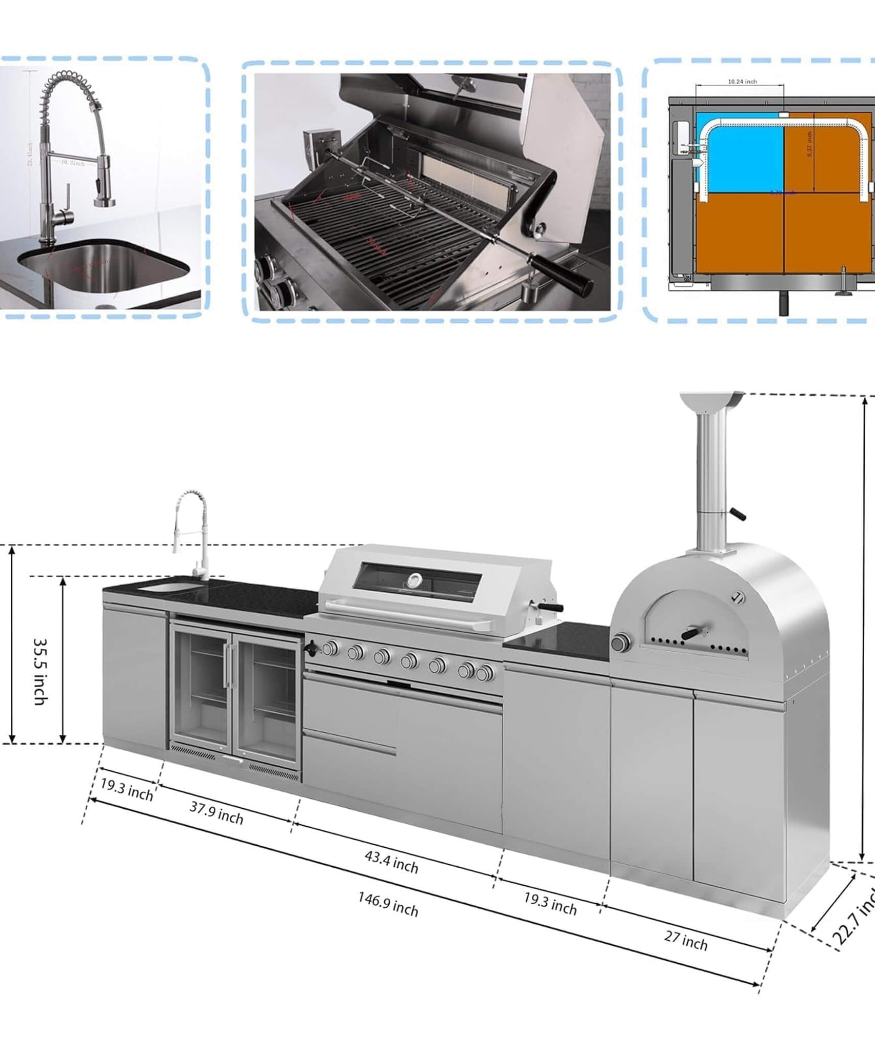Blazon 147-Inch 6-Burner 120K BTU Outdoor Kitchen Island With Pizza Oven, Rotisserie & Refrigerator (SAK96429)