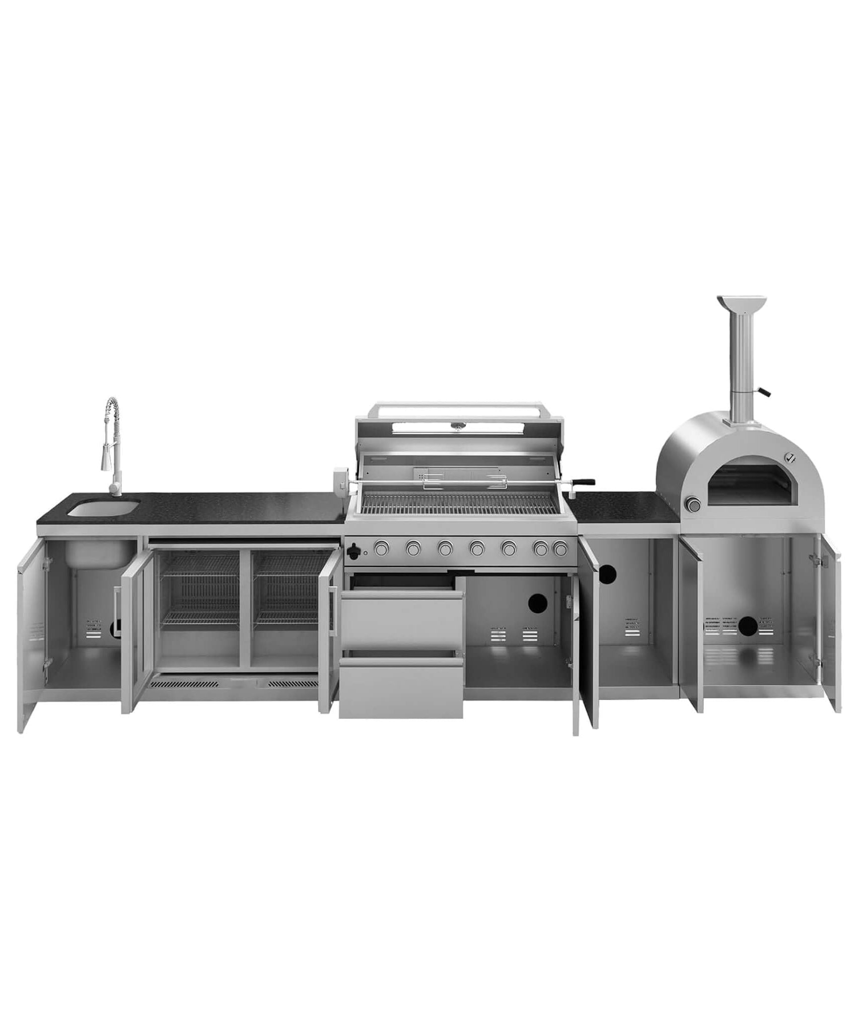 Blazon 147-Inch 6-Burner 120K BTU Outdoor Kitchen Island With Pizza Oven, Rotisserie & Refrigerator (SAK96429)