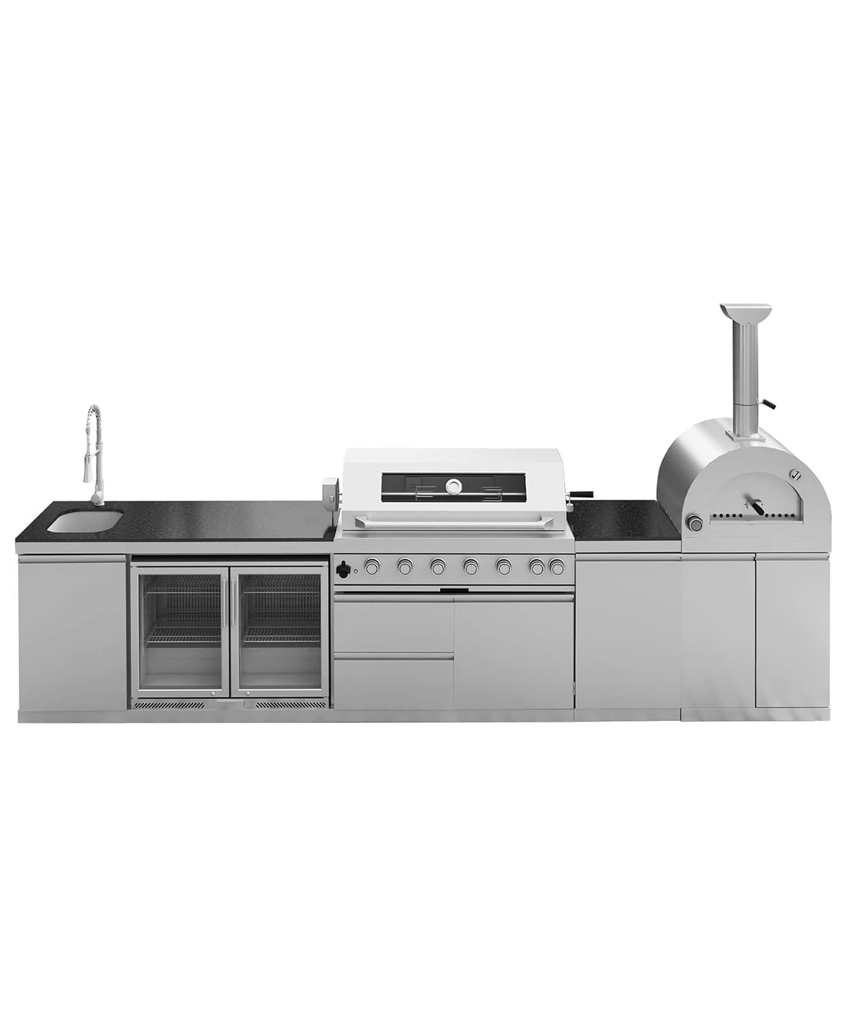 Blazon 147-Inch 6-Burner 120K BTU Outdoor Kitchen Island With Pizza Oven, Rotisserie & Refrigerator (SAK96429)