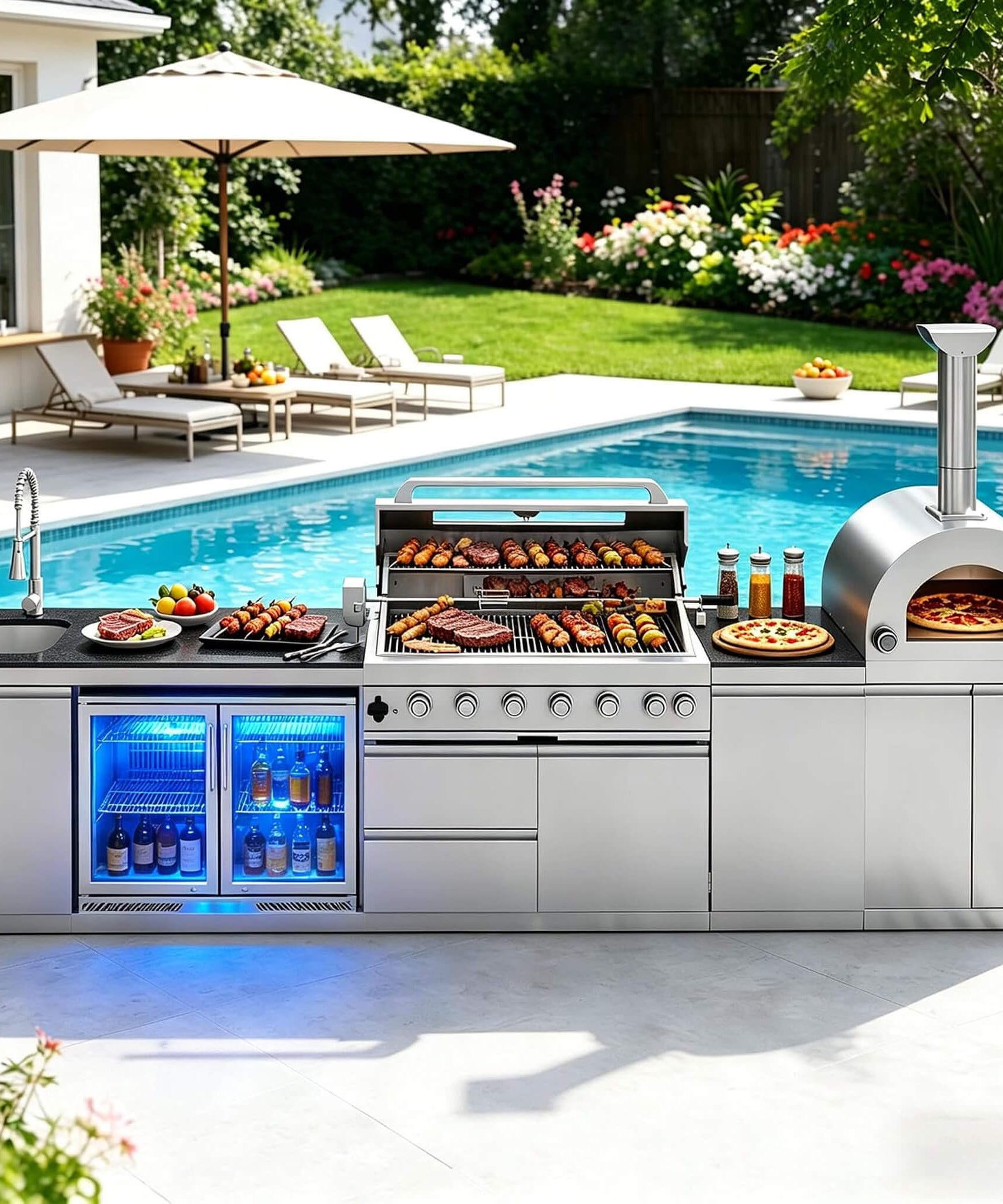 Blazon 147-Inch 6-Burner 120K BTU Outdoor Kitchen Island With Pizza Oven, Rotisserie & Refrigerator (SAK96429)
