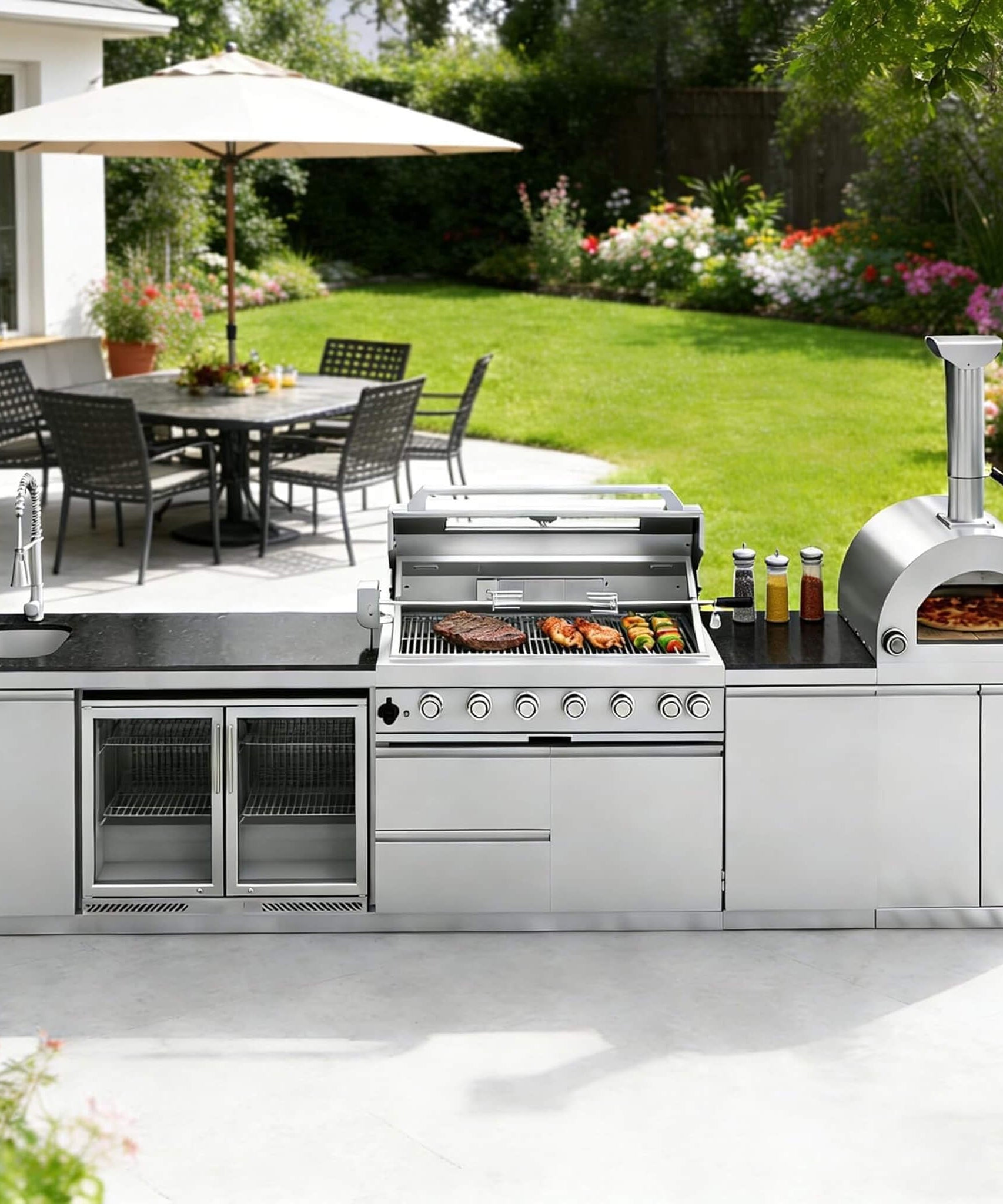 Blazon 147-Inch 6-Burner 120K BTU Outdoor Kitchen Island With Pizza Oven, Rotisserie & Refrigerator (SAK96429)