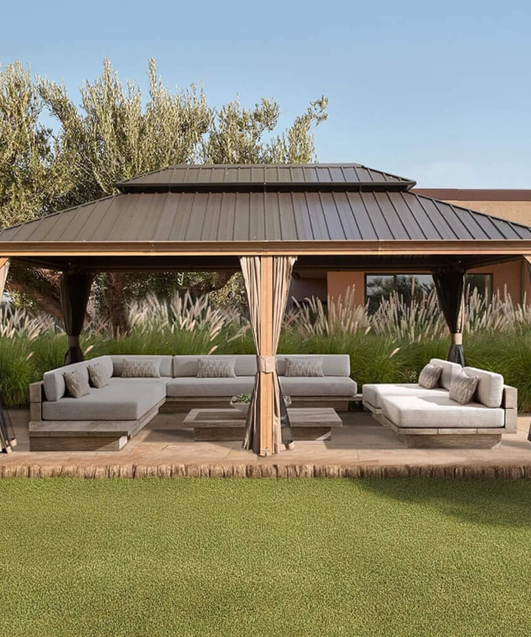 [14X24FT] Alora Heavy-Duty Aluminum Galvanized Steel Double Roof Hardtop Gazebo With Netting And Curtains (SAK41853)