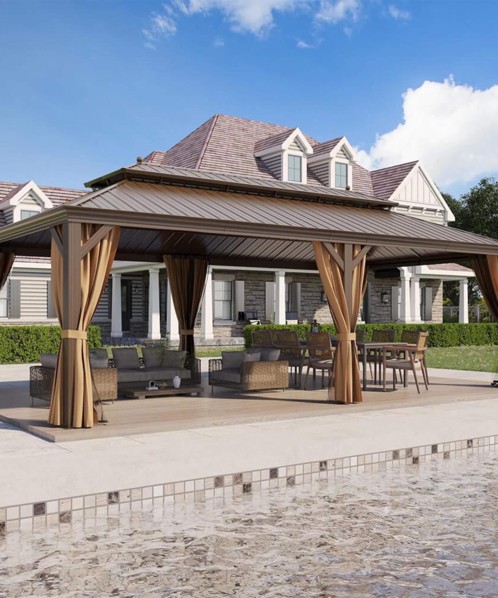 [14X24FT] Alora Heavy-Duty Aluminum Galvanized Steel Double Roof Hardtop Gazebo With Netting And Curtains (SAK41853)
