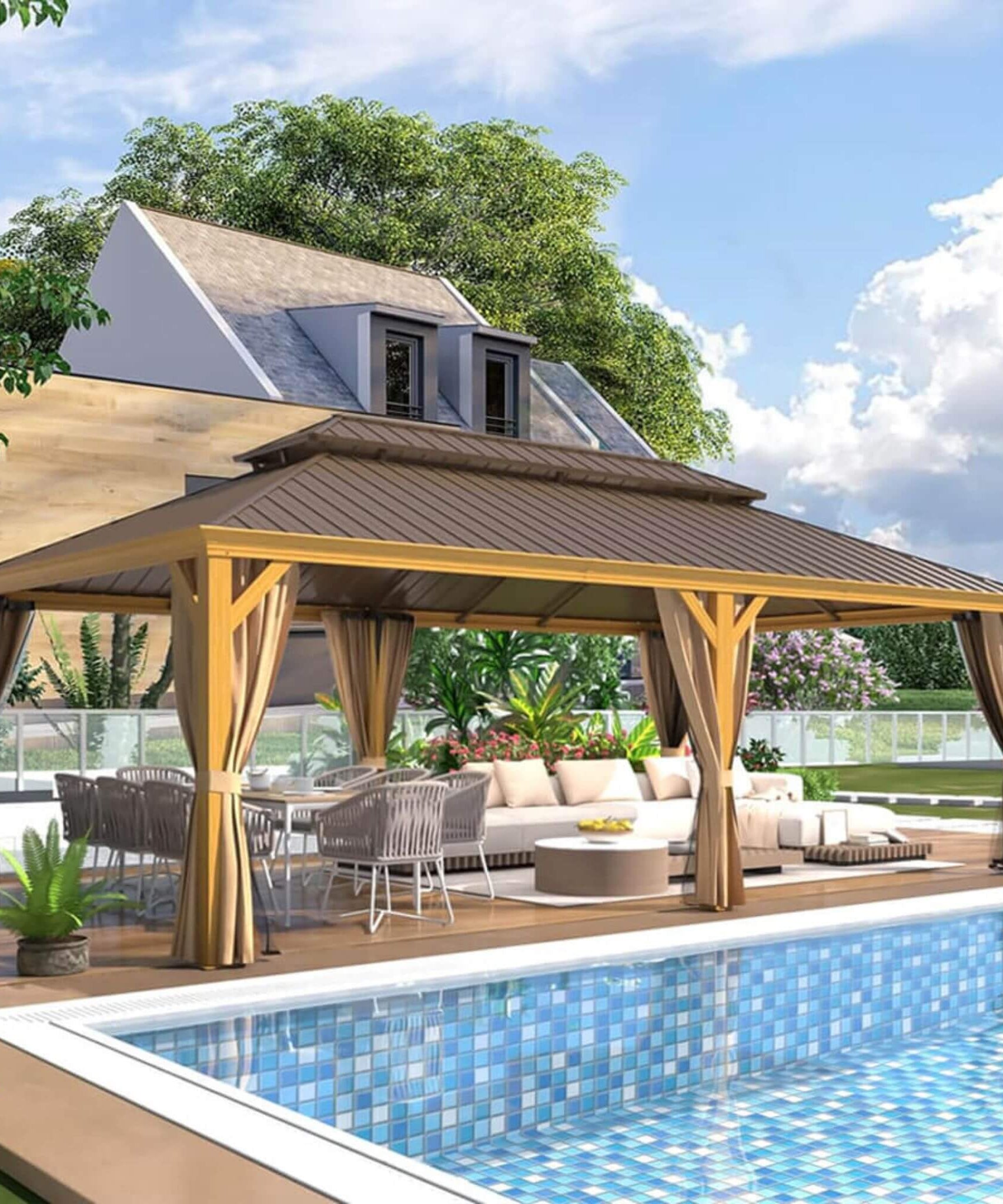 [14X24FT] Alora Heavy-Duty Aluminum Galvanized Steel Double Roof Hardtop Gazebo With Netting And Curtains (SAK41853)