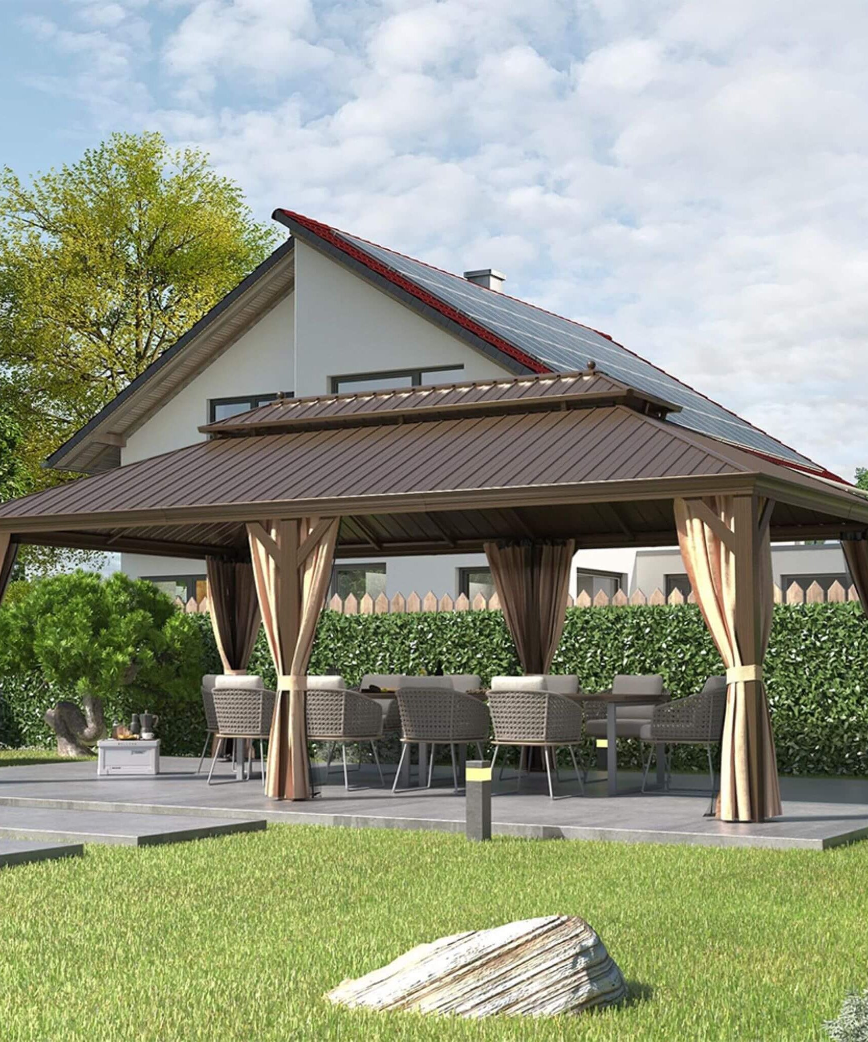 [14X24FT] Alora Heavy-Duty Aluminum Galvanized Steel Double Roof Hardtop Gazebo With Netting And Curtains (SAK41853)
