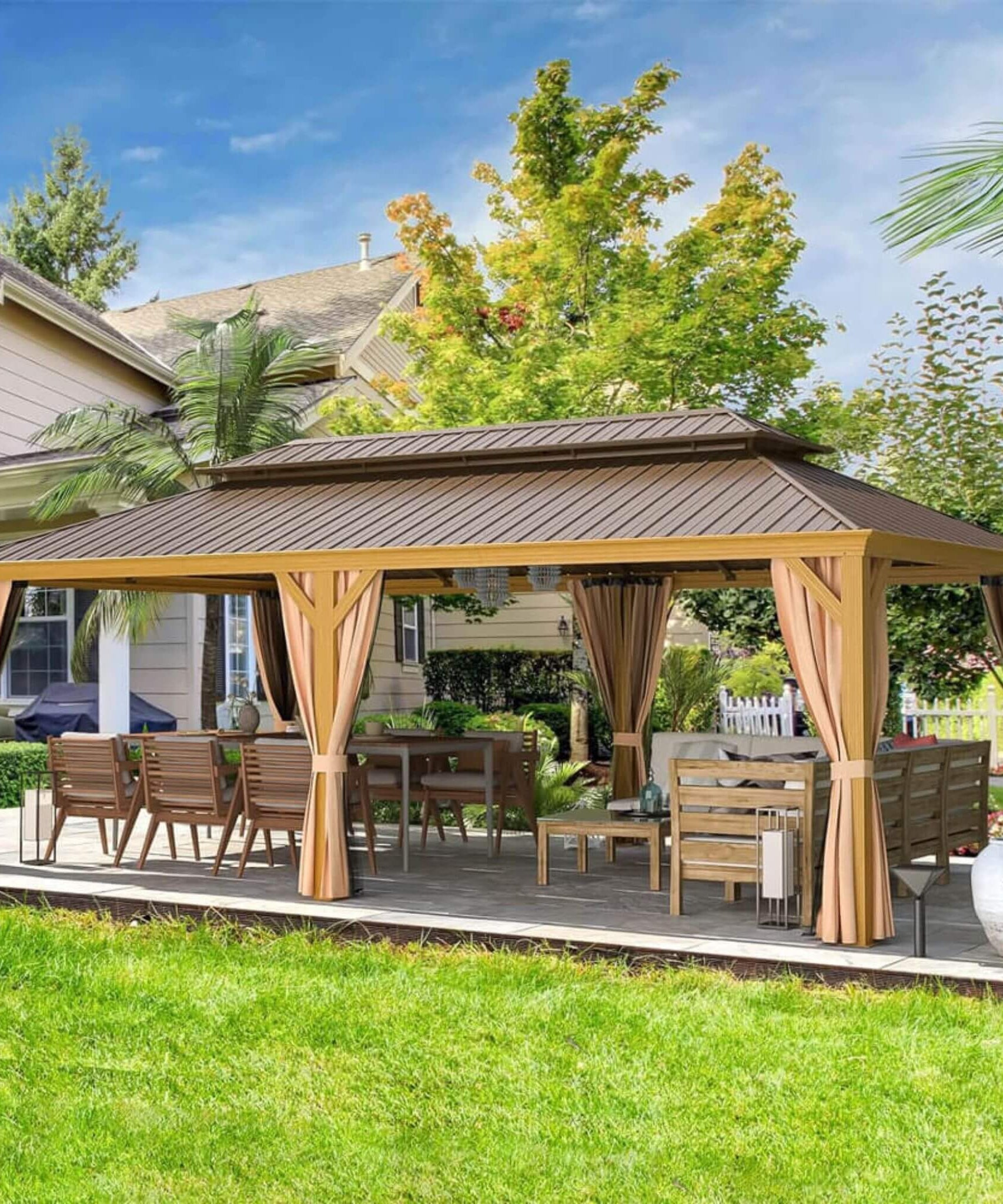 [14X24FT] Alora Heavy-Duty Aluminum Galvanized Steel Double Roof Hardtop Gazebo With Netting And Curtains (SAK41853)