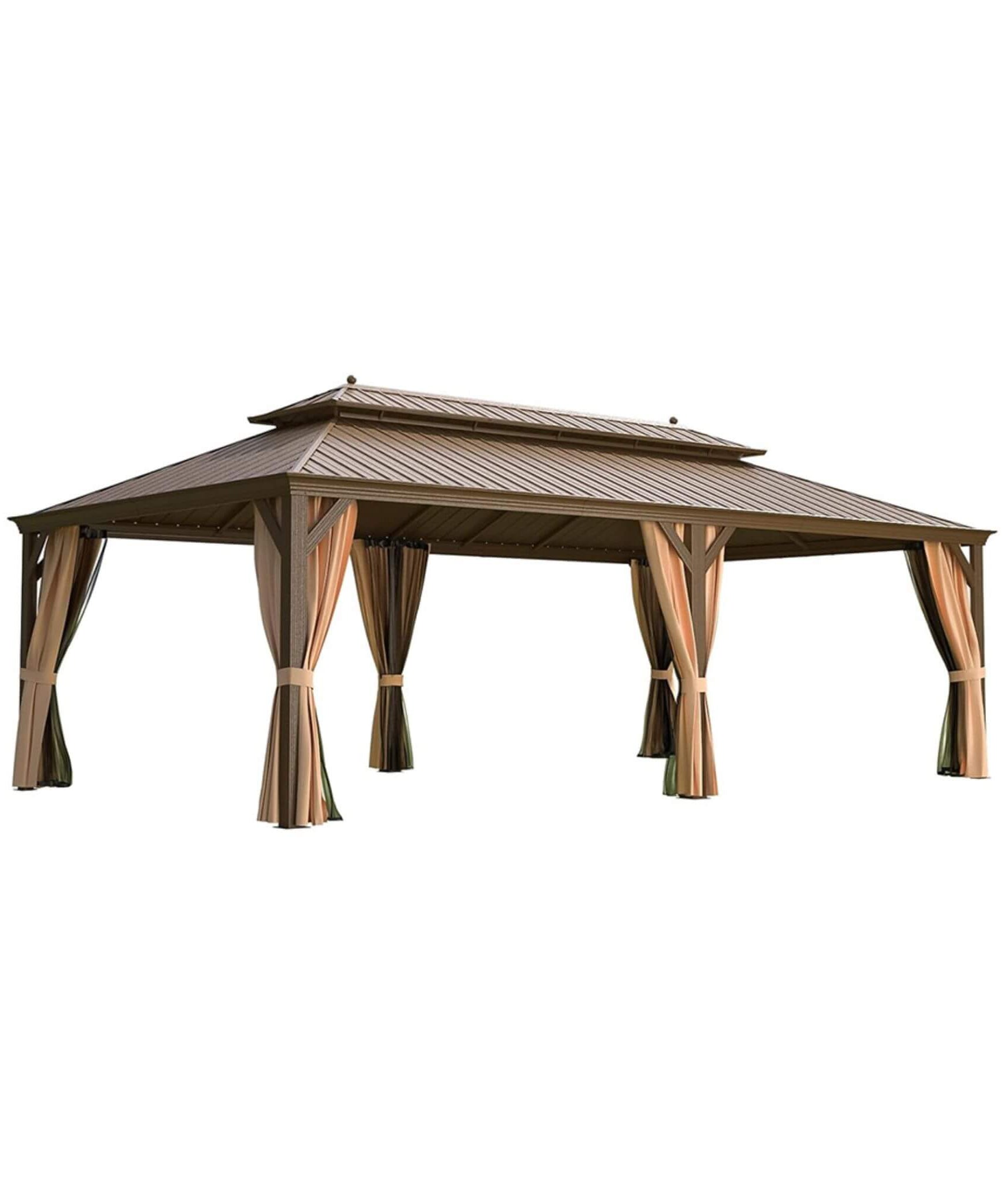 [14X24FT] Alora Heavy-Duty Aluminum Galvanized Steel Double Roof Hardtop Gazebo With Netting And Curtains (SAK41853)