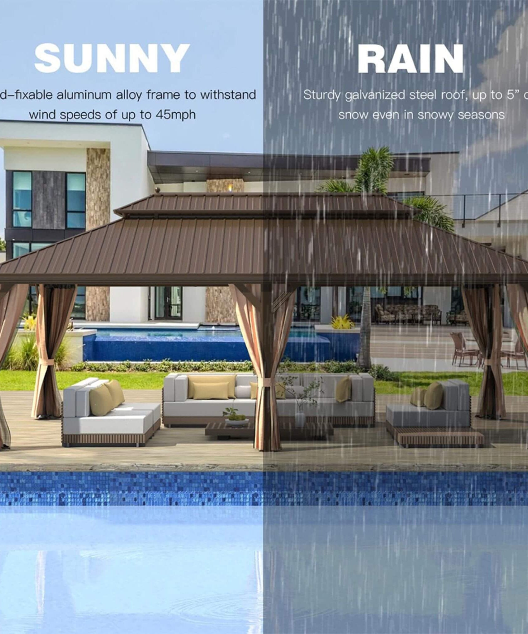 [14X24FT] Alora Heavy-Duty Aluminum Galvanized Steel Double Roof Hardtop Gazebo With Netting And Curtains (SAK41853)