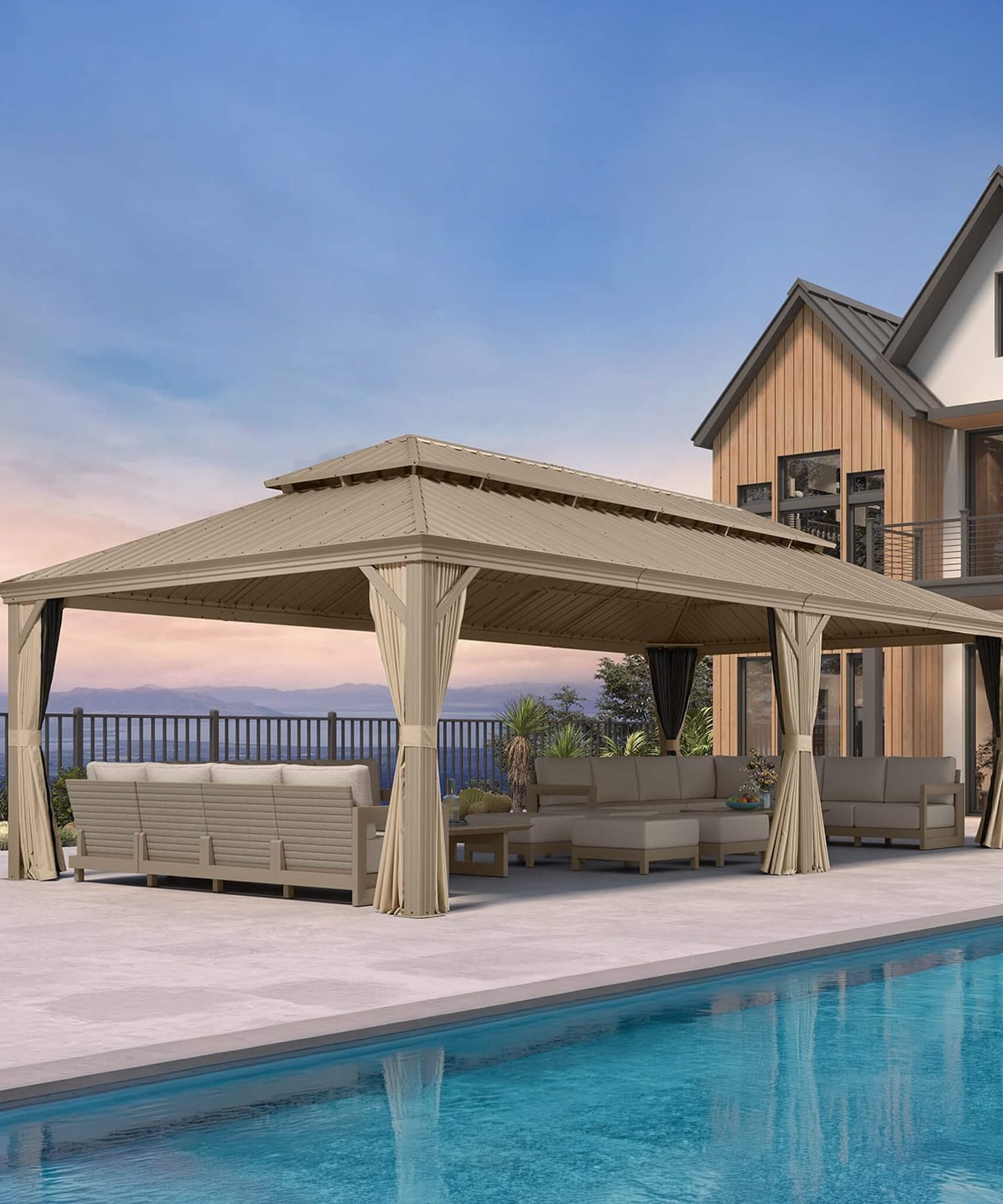 [14X28FT] Alora Extra-Large Hardtop Gazebo With Galvanized Steel Double Roof, Curtains And Netting (SAK85731)