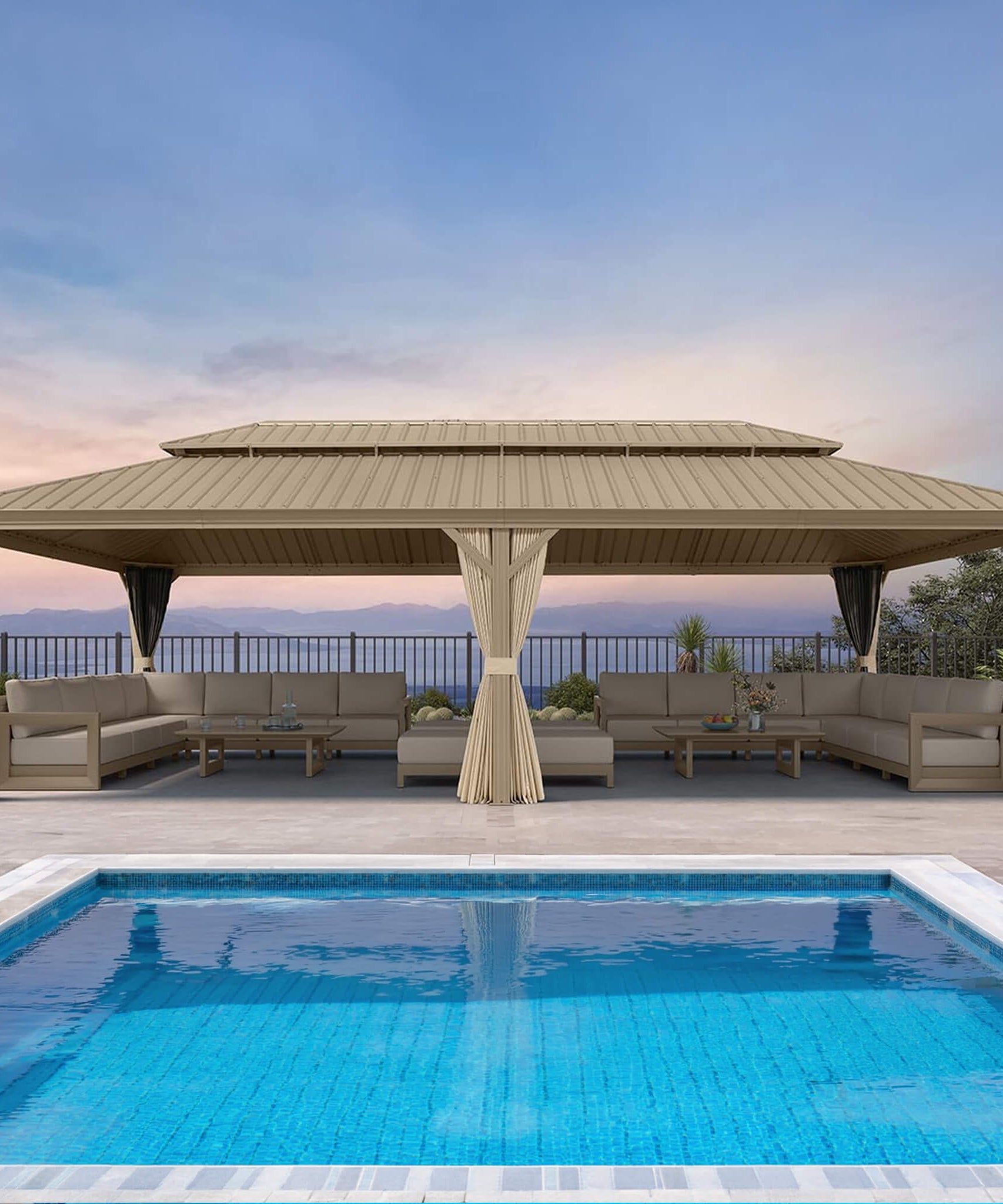 [14X28FT] Alora Extra-Large Hardtop Gazebo With Galvanized Steel Double Roof, Curtains And Netting (SAK85731)