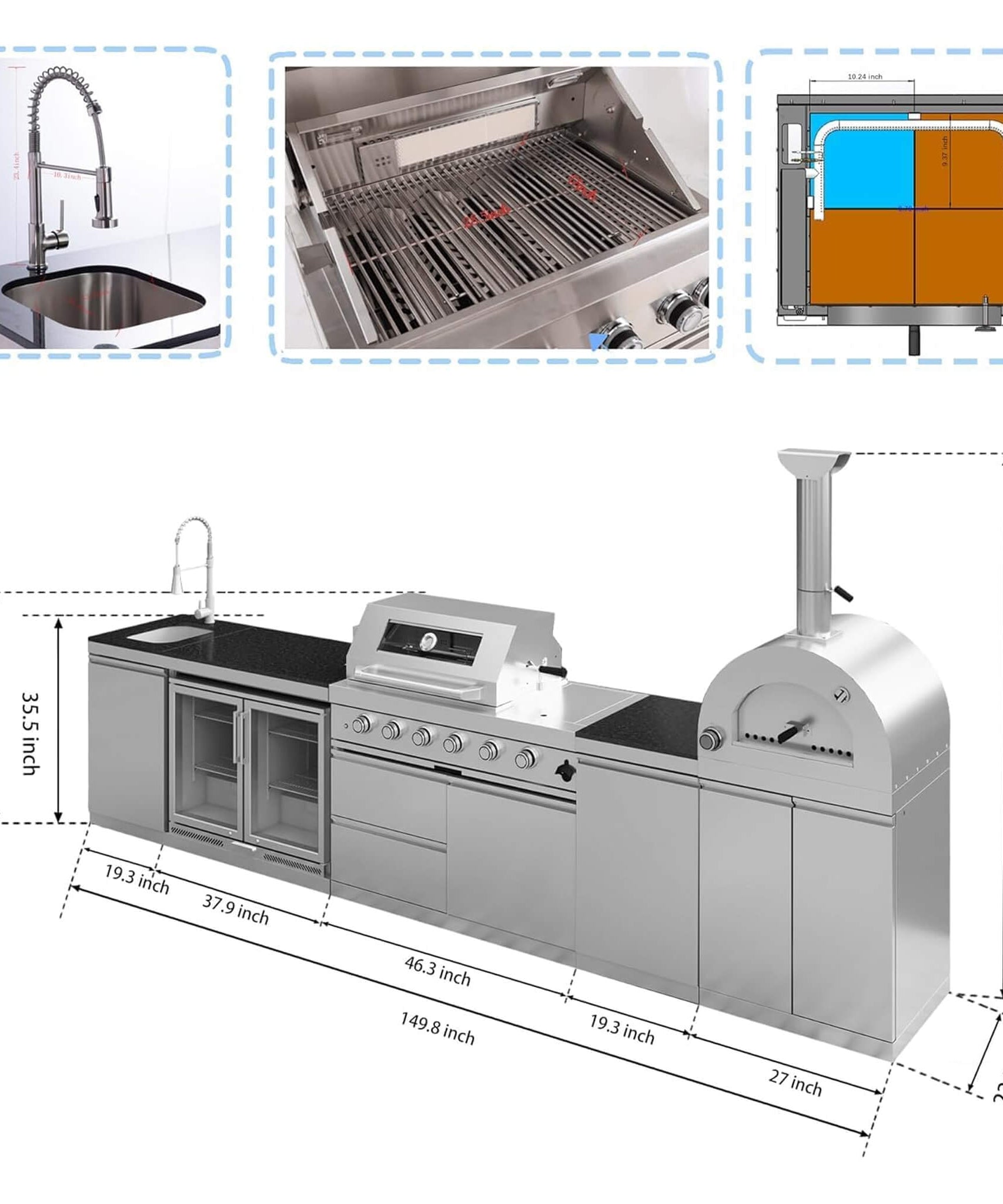 Blazon 150-Inch 4-Burner 108K BTU Outdoor Kitchen Island With Pizza Oven, Rotisserie & Refrigerator (SAK36412)