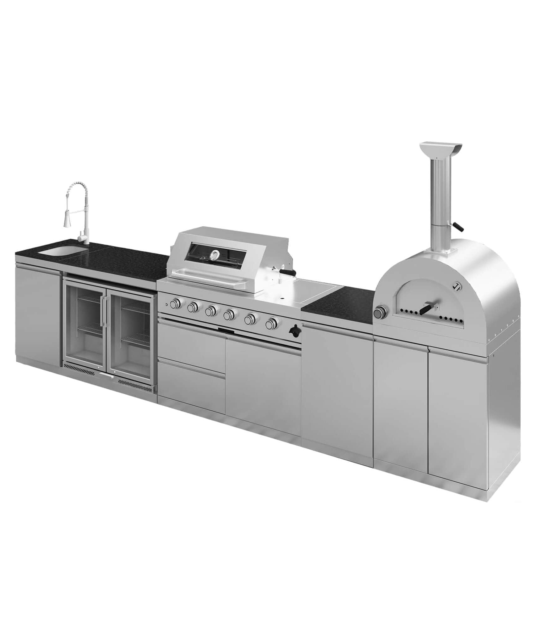 Blazon 150-Inch 4-Burner 108K BTU Outdoor Kitchen Island With Pizza Oven, Rotisserie & Refrigerator (SAK36412)