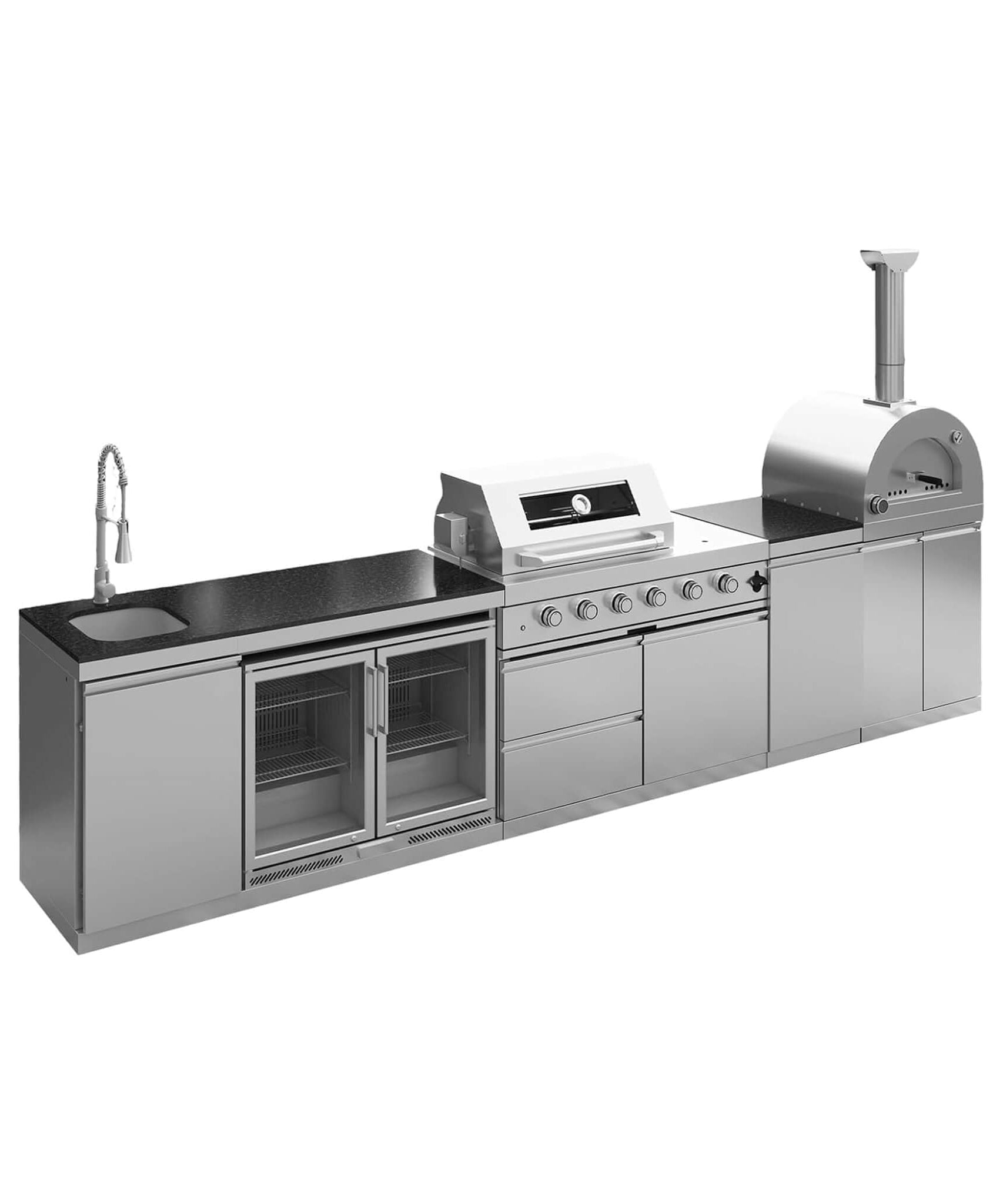 Blazon 150-Inch 4-Burner 108K BTU Outdoor Kitchen Island With Pizza Oven, Rotisserie & Refrigerator (SAK36412)