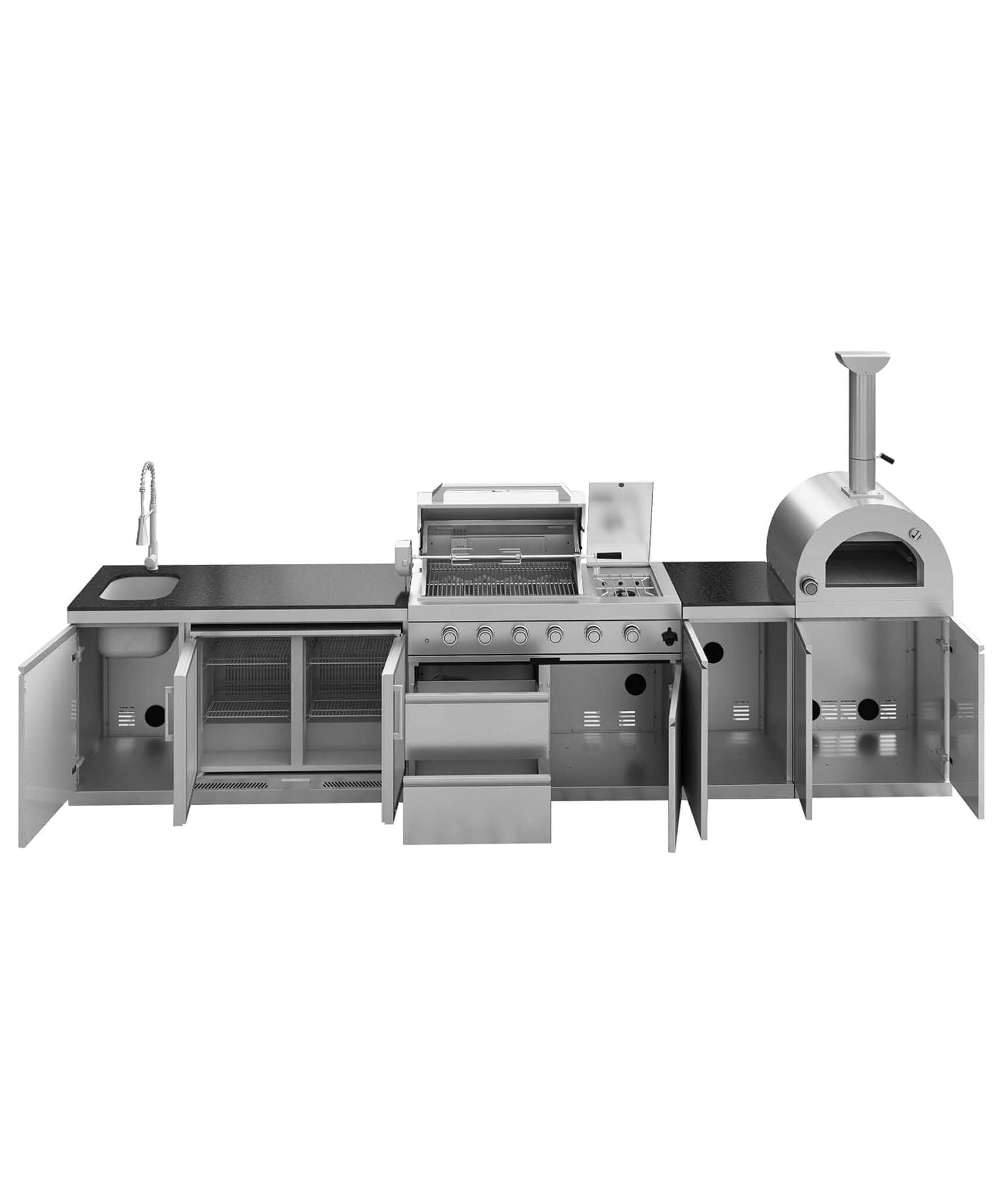 Blazon 150-Inch 4-Burner 108K BTU Outdoor Kitchen Island With Pizza Oven, Rotisserie & Refrigerator (SAK36412)