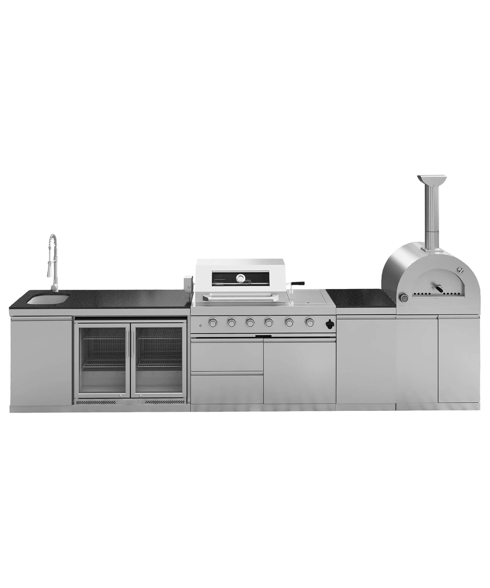 Blazon 150-Inch 4-Burner 108K BTU Outdoor Kitchen Island With Pizza Oven, Rotisserie & Refrigerator (SAK36412)