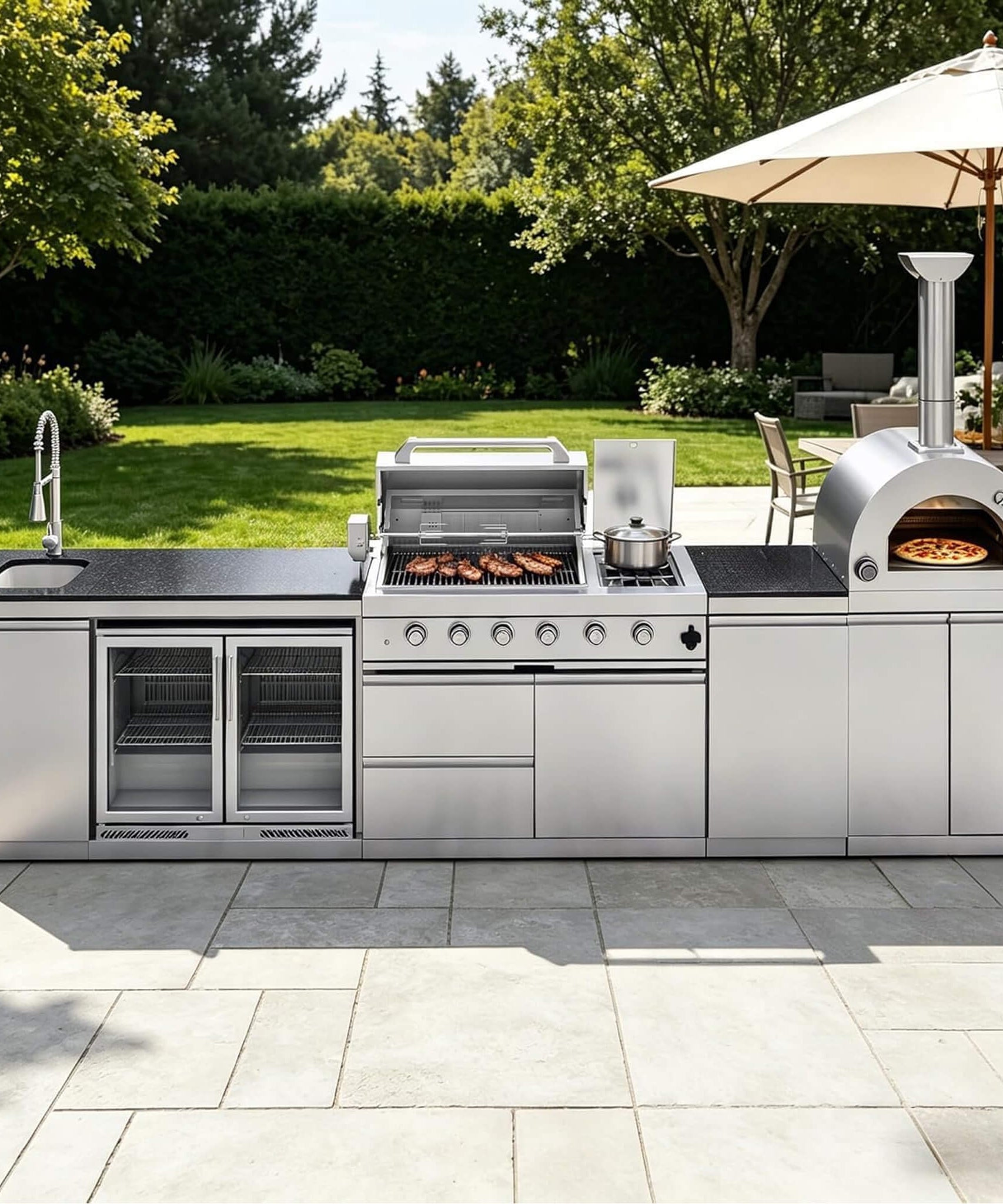 Blazon 150-Inch 4-Burner 108K BTU Outdoor Kitchen Island With Pizza Oven, Rotisserie & Refrigerator (SAK36412)