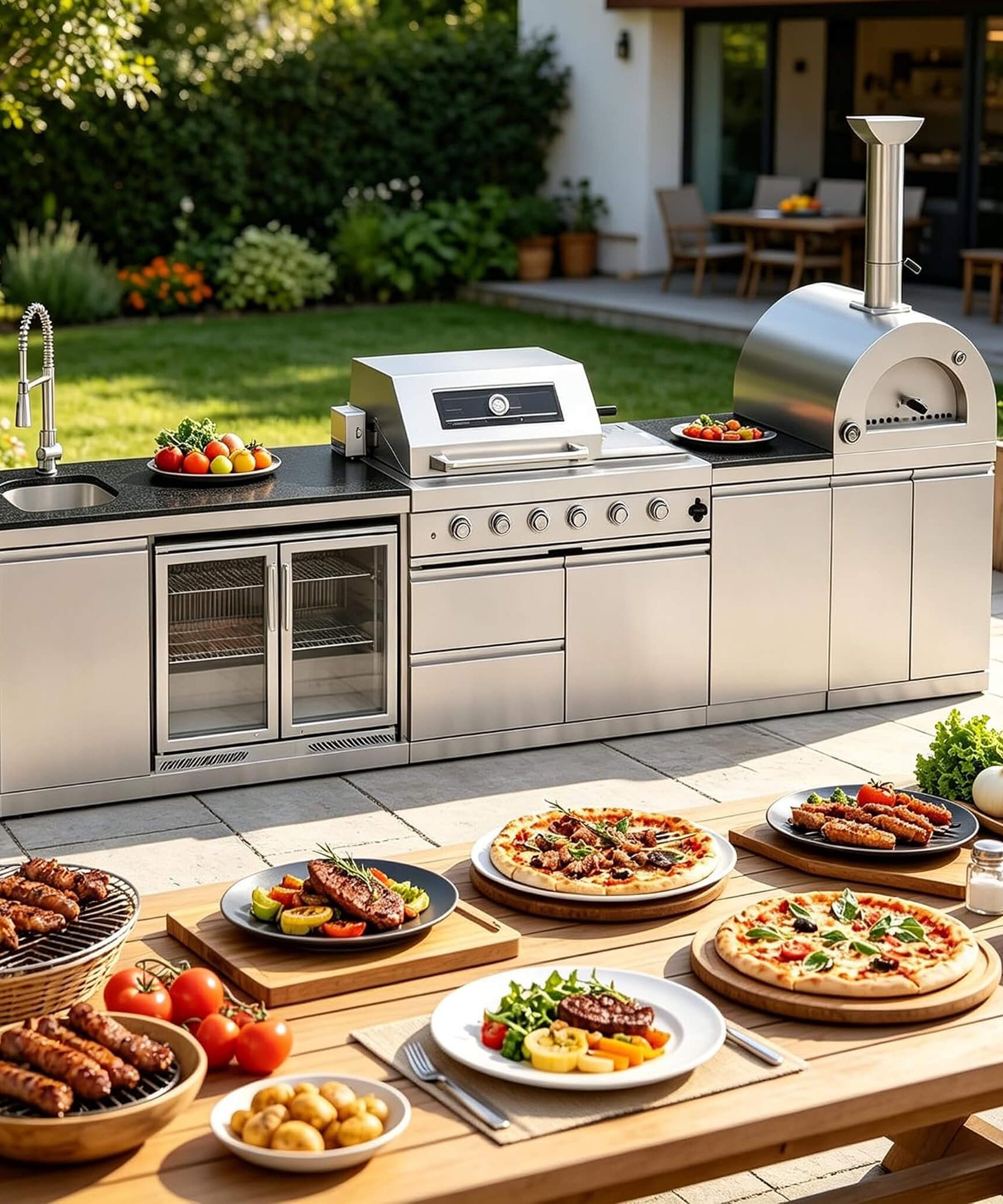 Blazon 150-Inch 4-Burner 108K BTU Outdoor Kitchen Island With Pizza Oven, Rotisserie & Refrigerator (SAK36412)