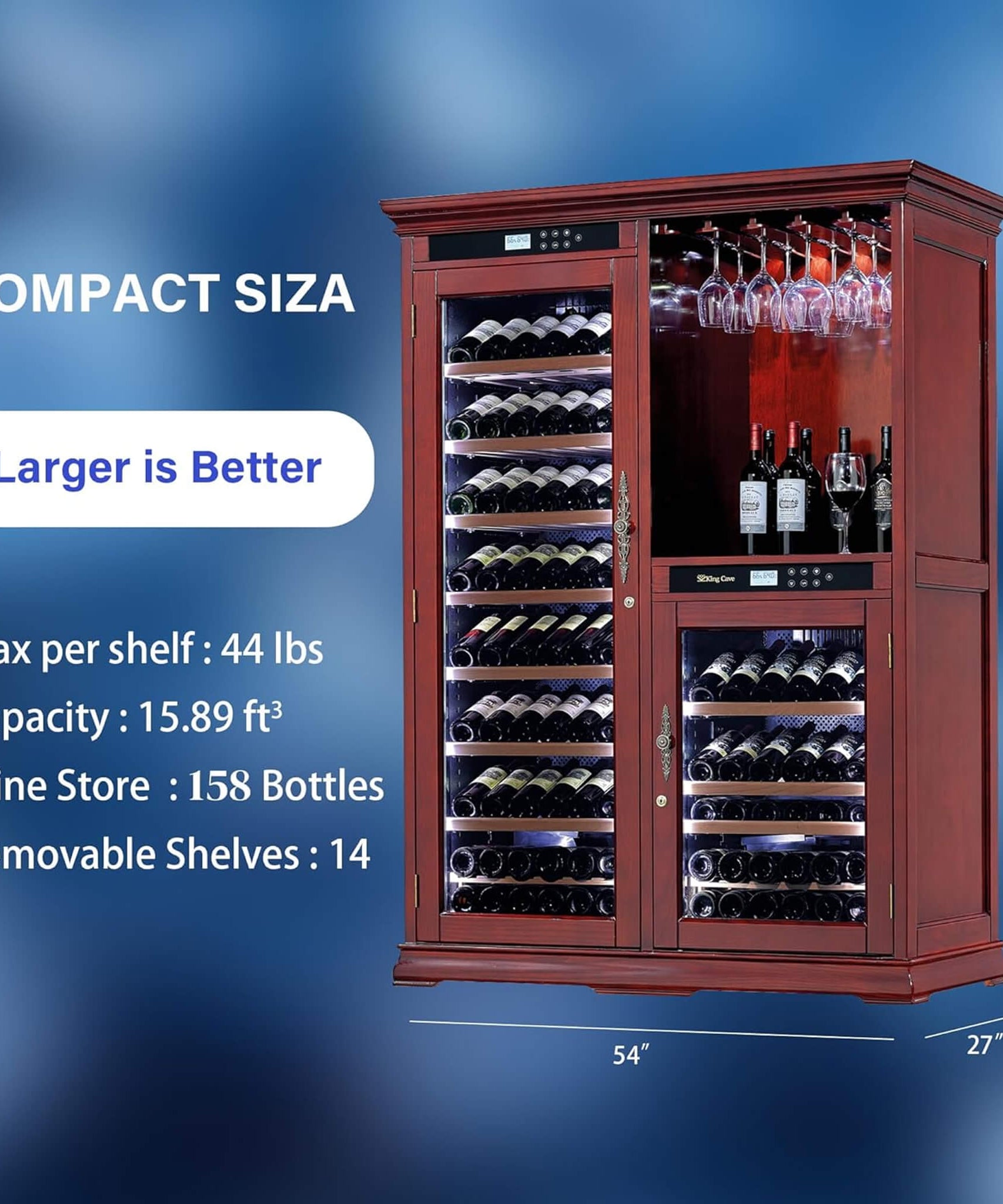 Nuvia 158-Bottle Wooden Wine Cooler Cabinet With Adjustable Temperature And Vacuum Insulation Doors (SAK91827)