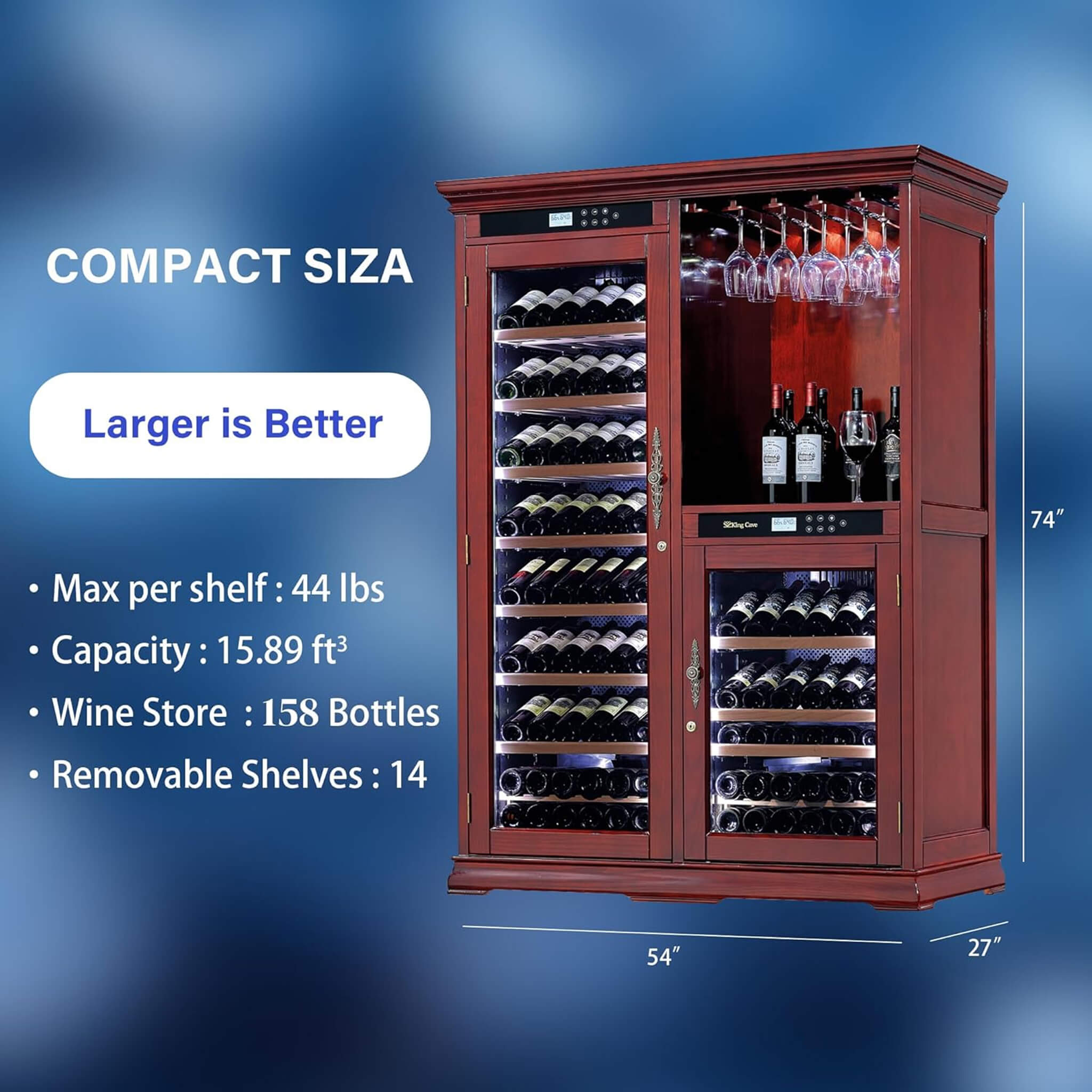 Nuvia 158-Bottle Wooden Wine Cooler Cabinet With Adjustable Temperature And Vacuum Insulation Doors (SAK91827)