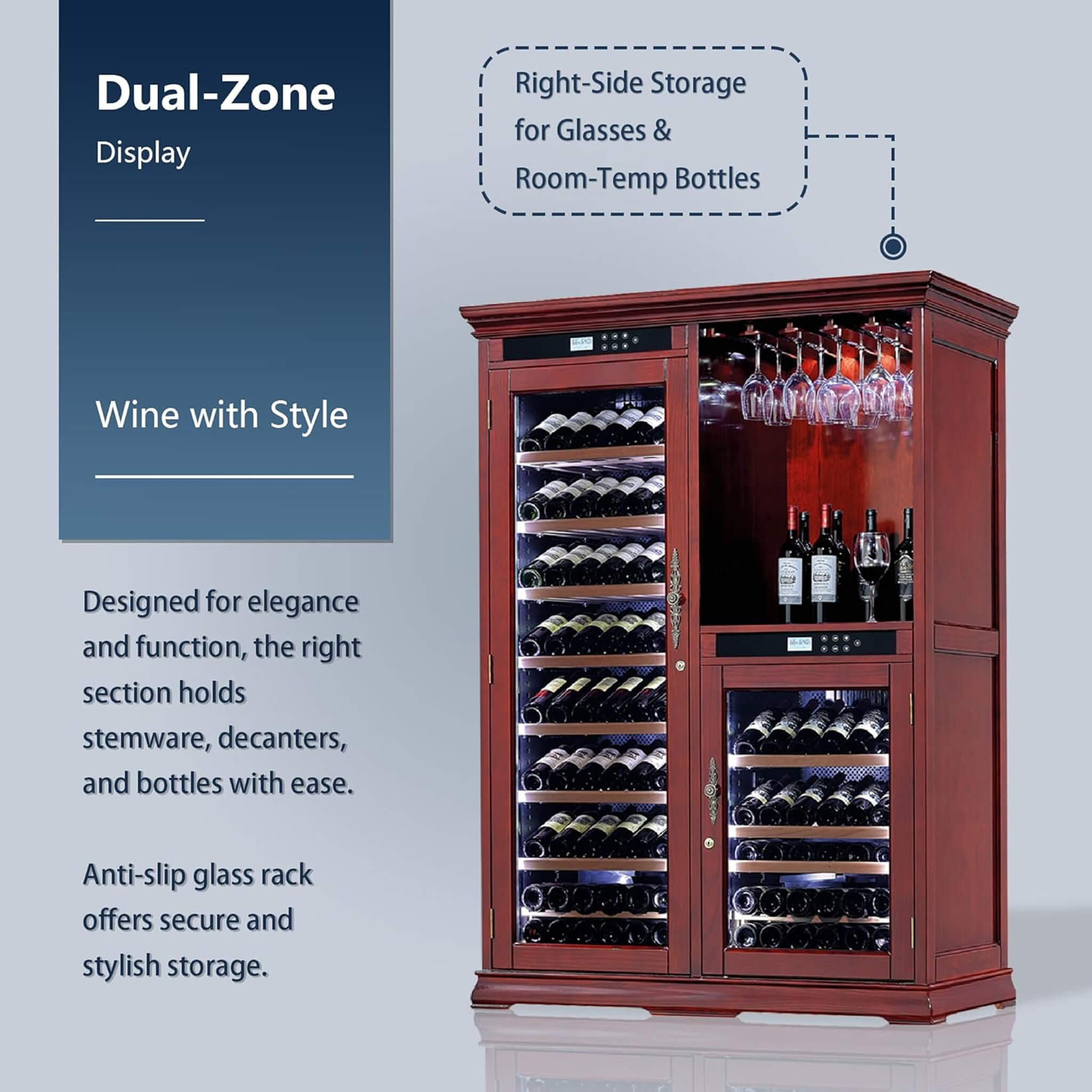 Nuvia 158-Bottle Wooden Wine Cooler Cabinet With Adjustable Temperature And Vacuum Insulation Doors (SAK91827)