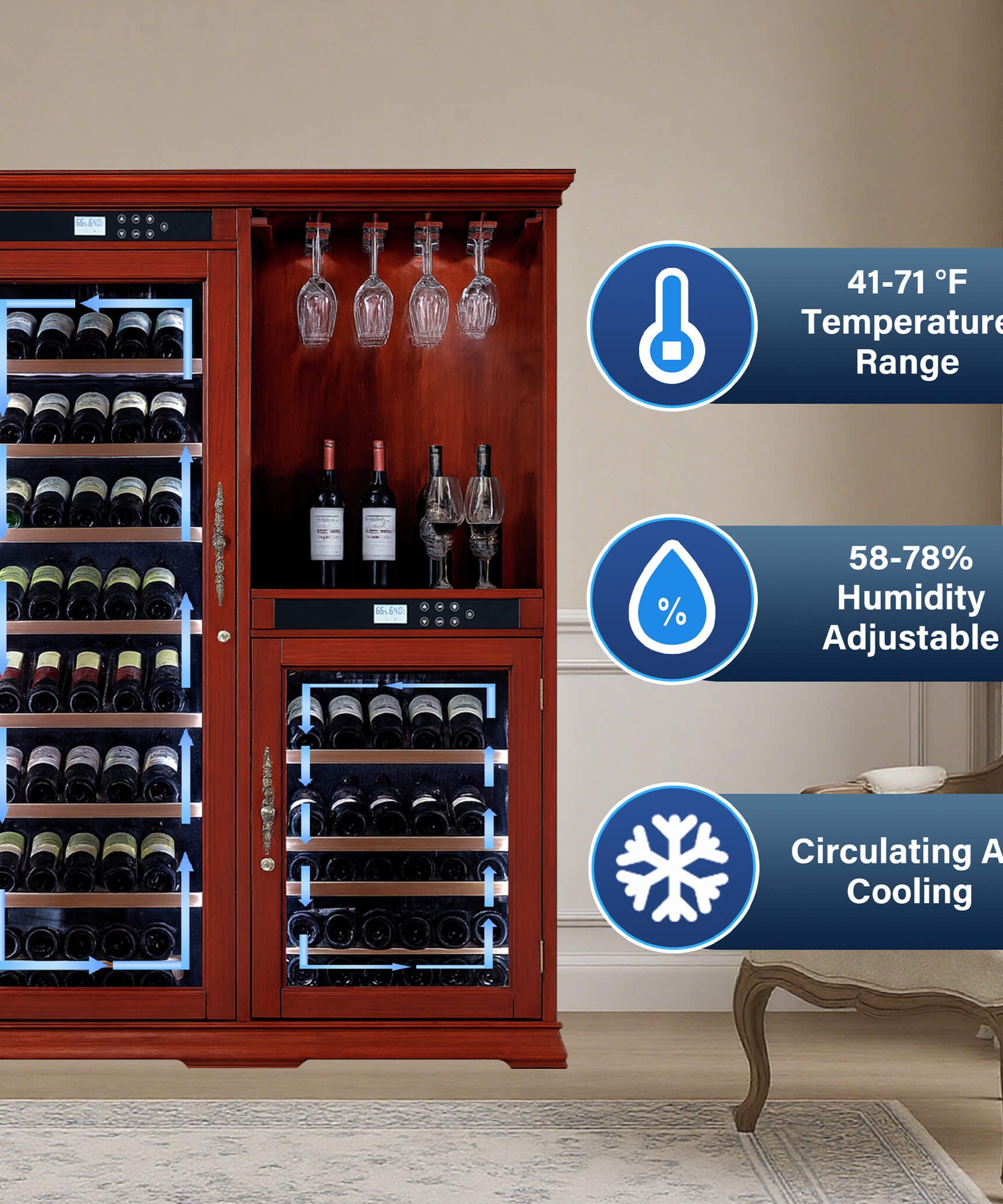 Nuvia 158-Bottle Wooden Wine Cooler Cabinet With Adjustable Temperature And Vacuum Insulation Doors (SAK91827)