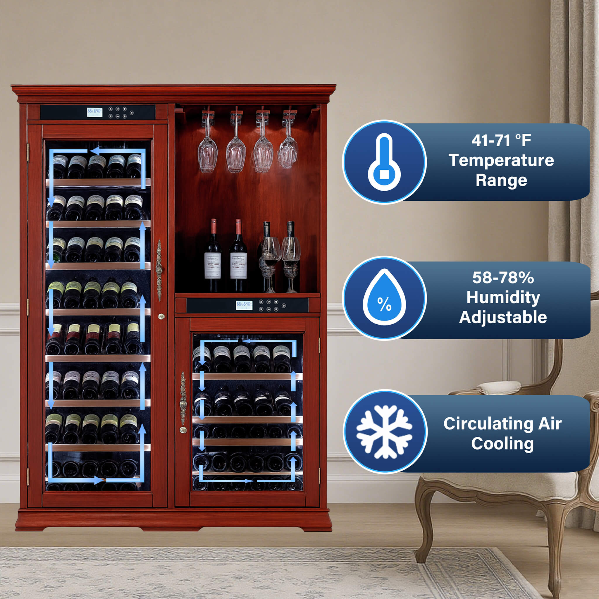 Nuvia 158-Bottle Wooden Wine Cooler Cabinet With Adjustable Temperature And Vacuum Insulation Doors (SAK91827)
