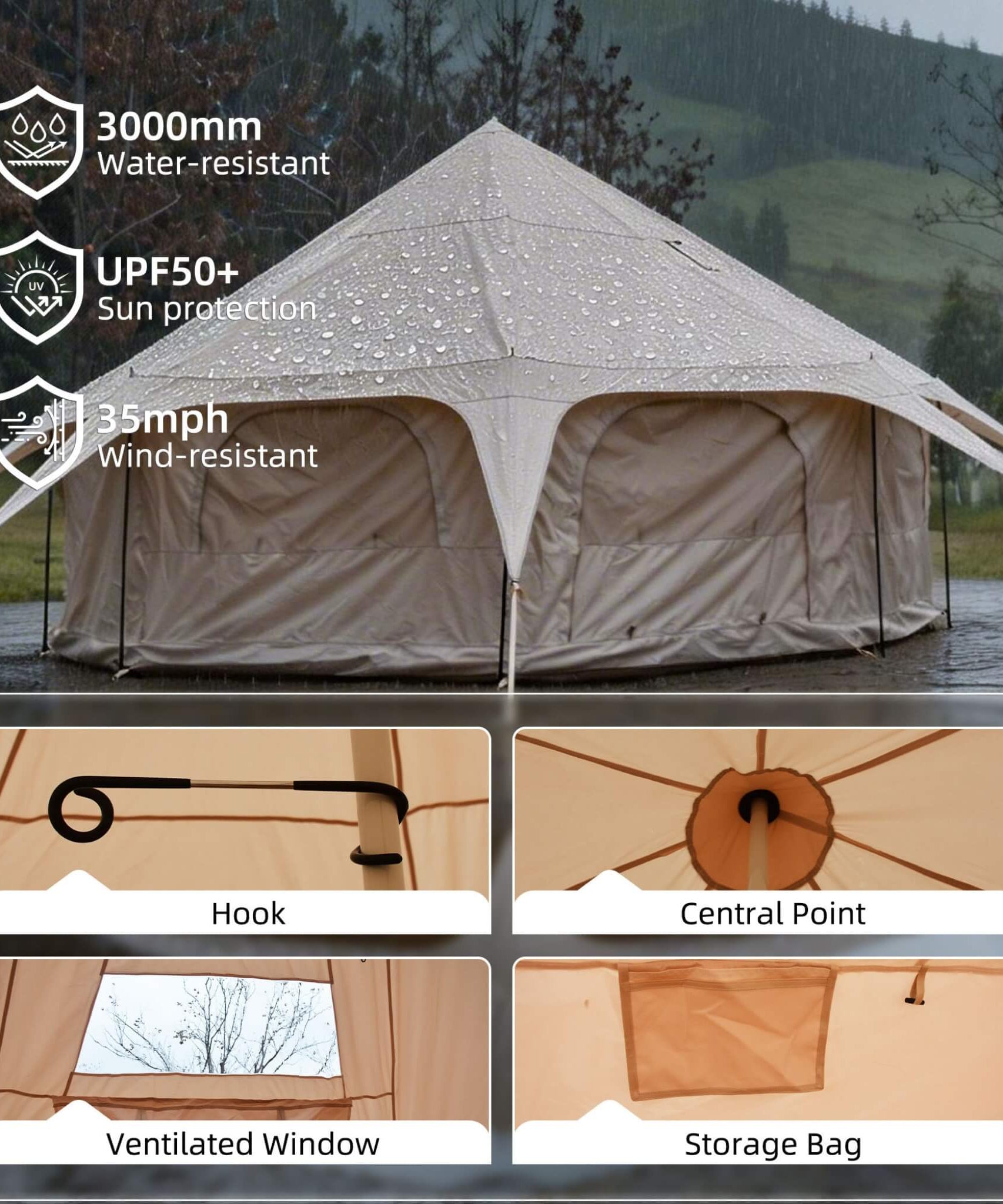 Large 15FT 600D Oxford Bell Tent With Stove Jack For Glamping And Camping (SAK10987)