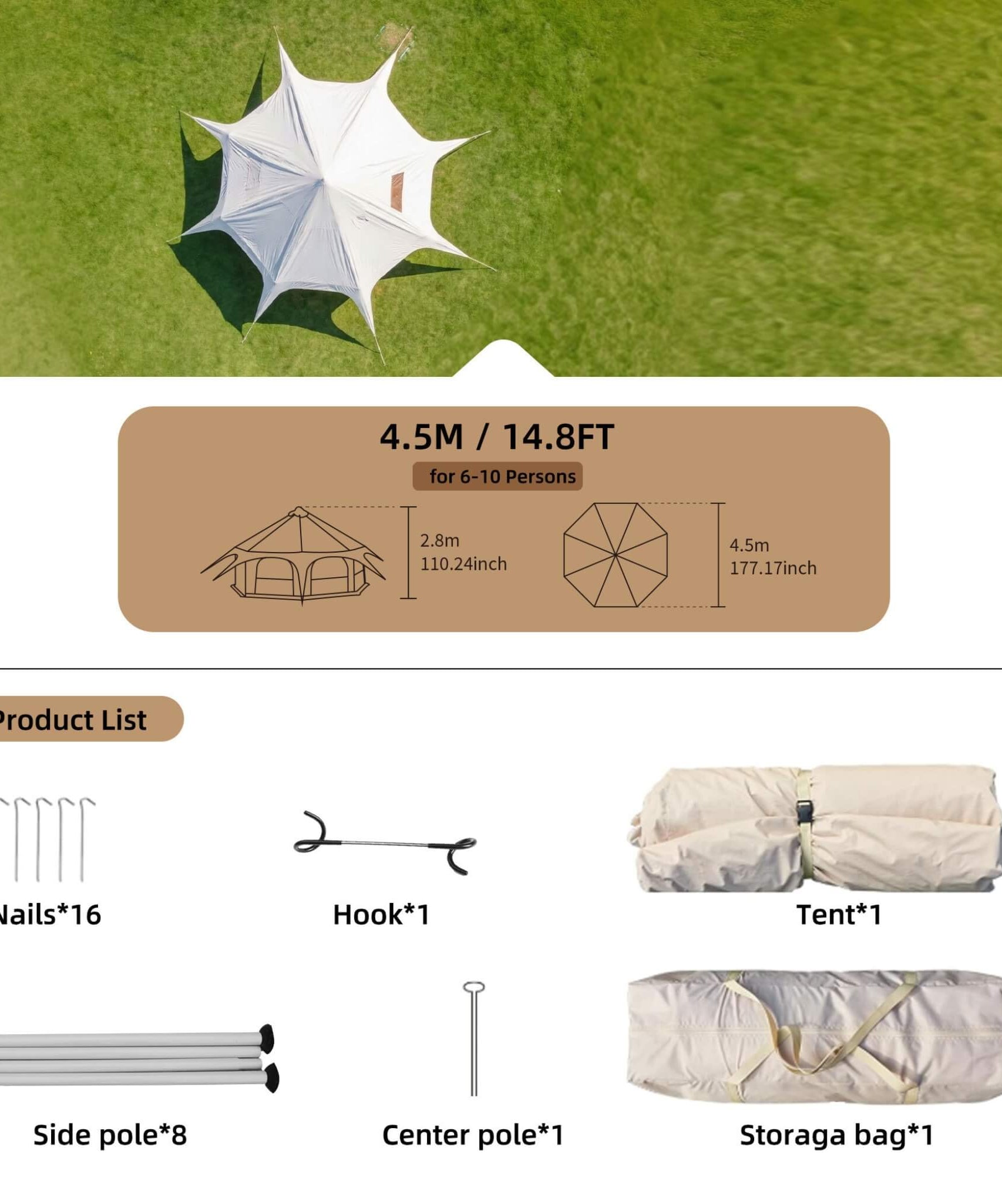 Large 15FT 600D Oxford Bell Tent With Stove Jack For Glamping And Camping (SAK10987)